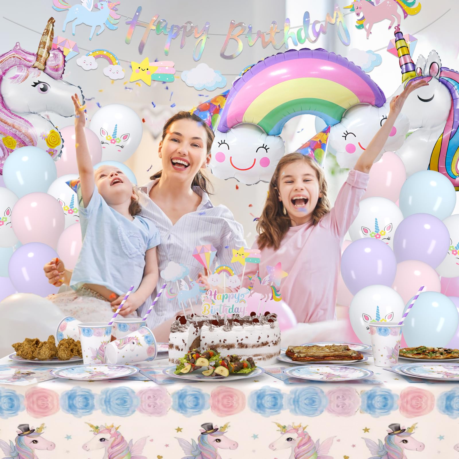 119 pezzi set di stoviglie per feste unicorno, set di piatti di carta con palloncini per feste di compleanno per bambini, decorazione per piatti di carta per feste di compleanno