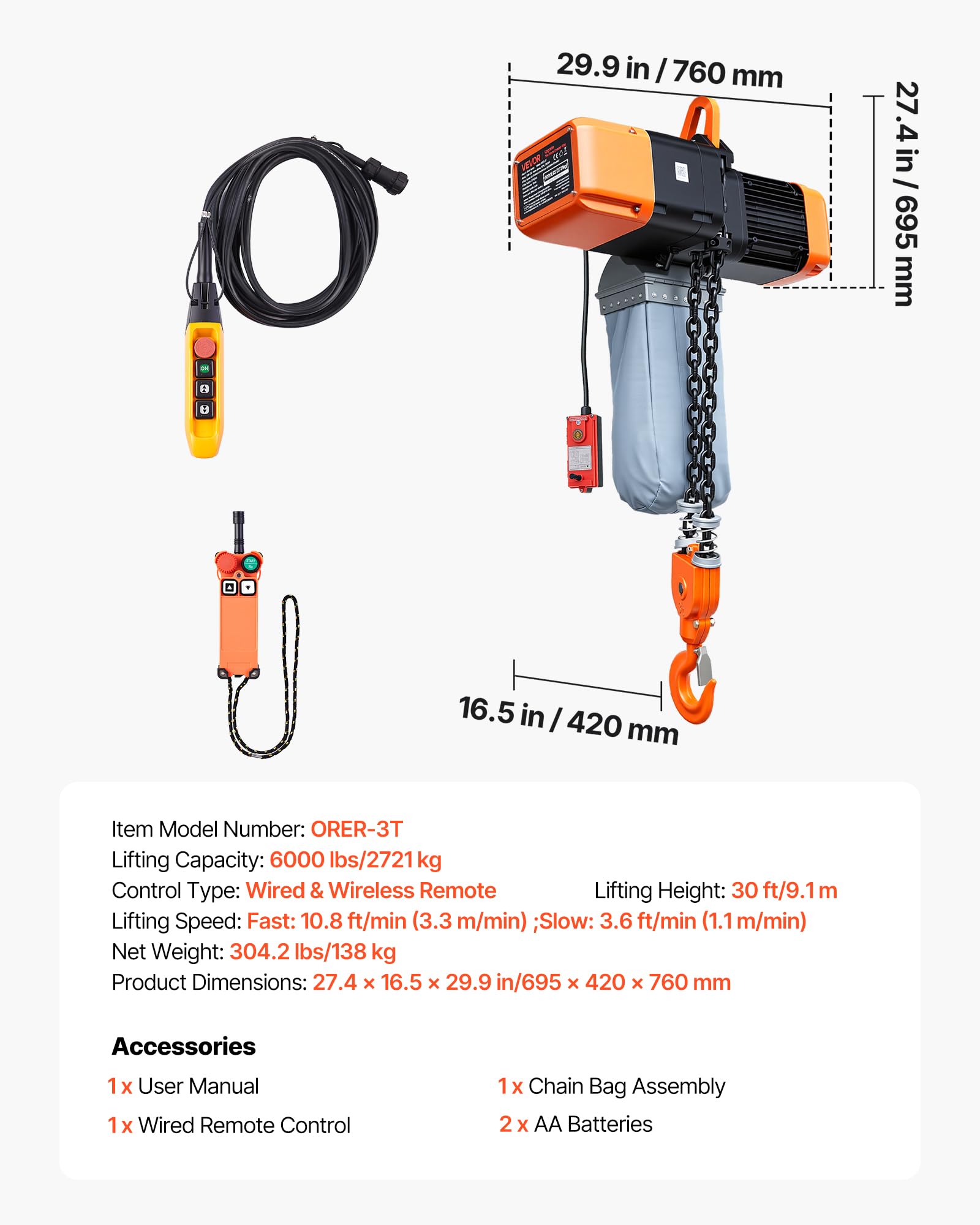 VEVOR Elektrischer Kettenzug 2721 kg 9,1 m Hubhöhe Dreiphasig G100-Doppelkette Notstopp