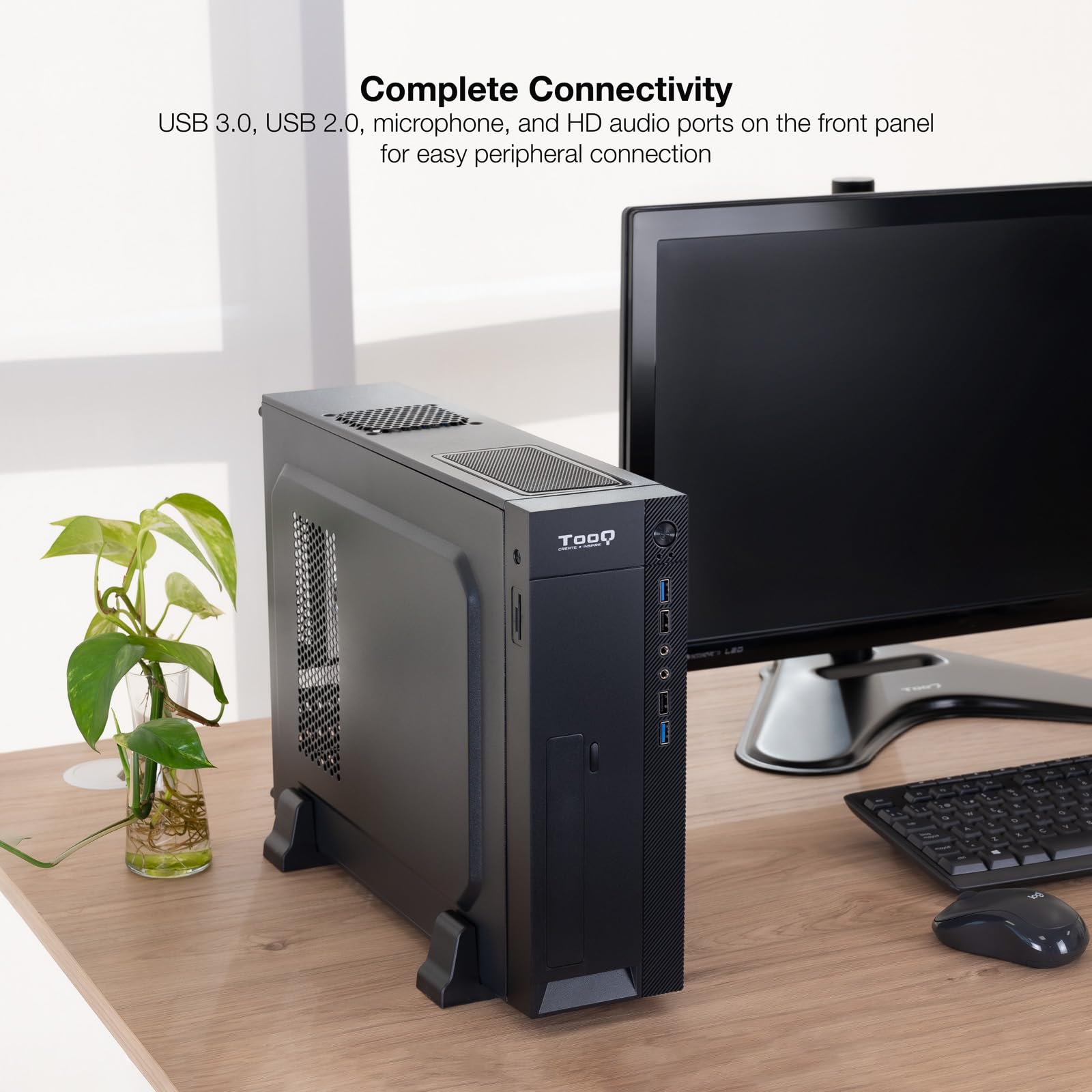 TOOQ TQC-3008U3C - Caja Slim Micro-ATX/Mini-ITX, Lector de Tarjetas SD/TF, Incluye Fuente de Alimentación Micro-ATX/SFX 500W, Color Negro