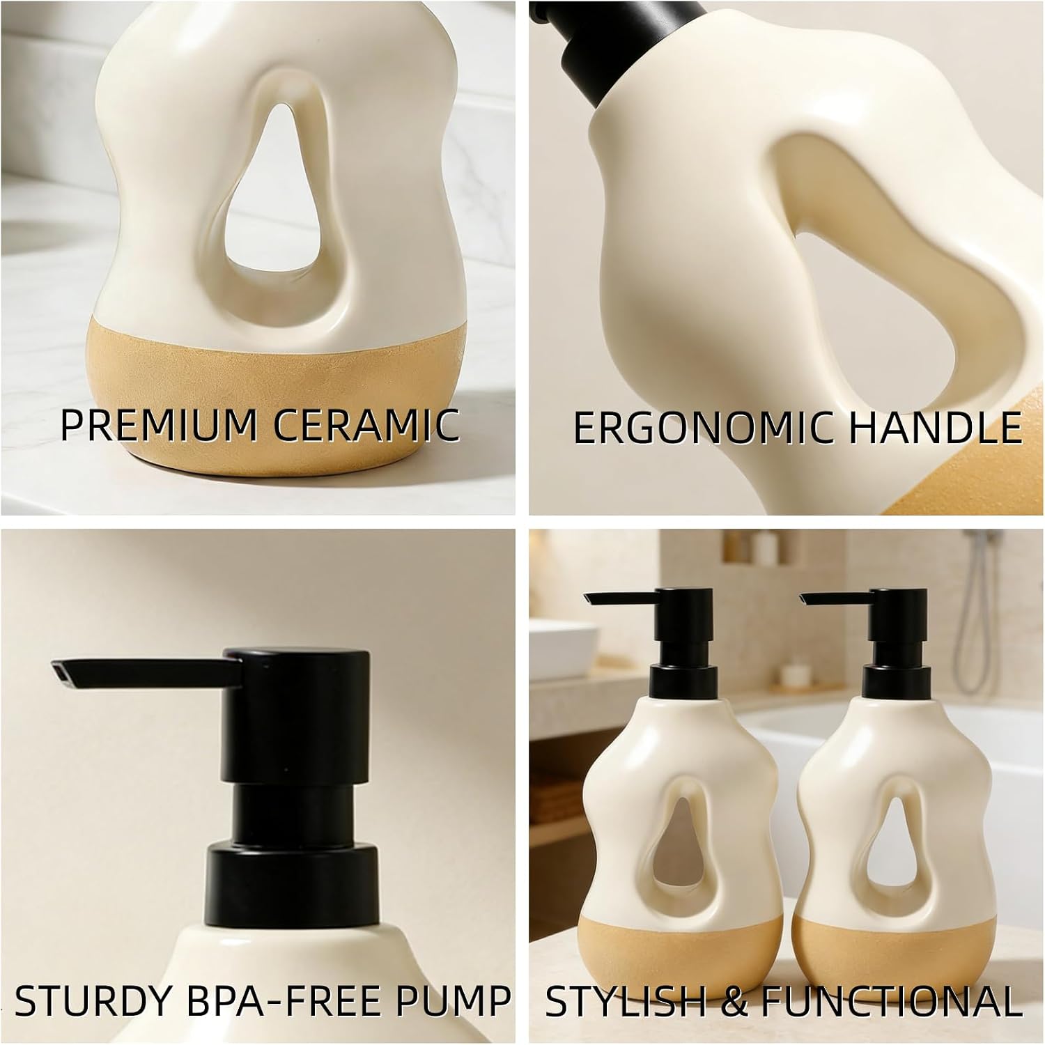 BosilunLife Ceramic Soap Dispenser - Soap Pump Dispenser Bathroom Kitchen Modern Farmhouse Elegant Refillable Soap Dispenser Lotion Hand Pump Dispenser for Kitchen Sink (Beige with Sand Base, 15oz)