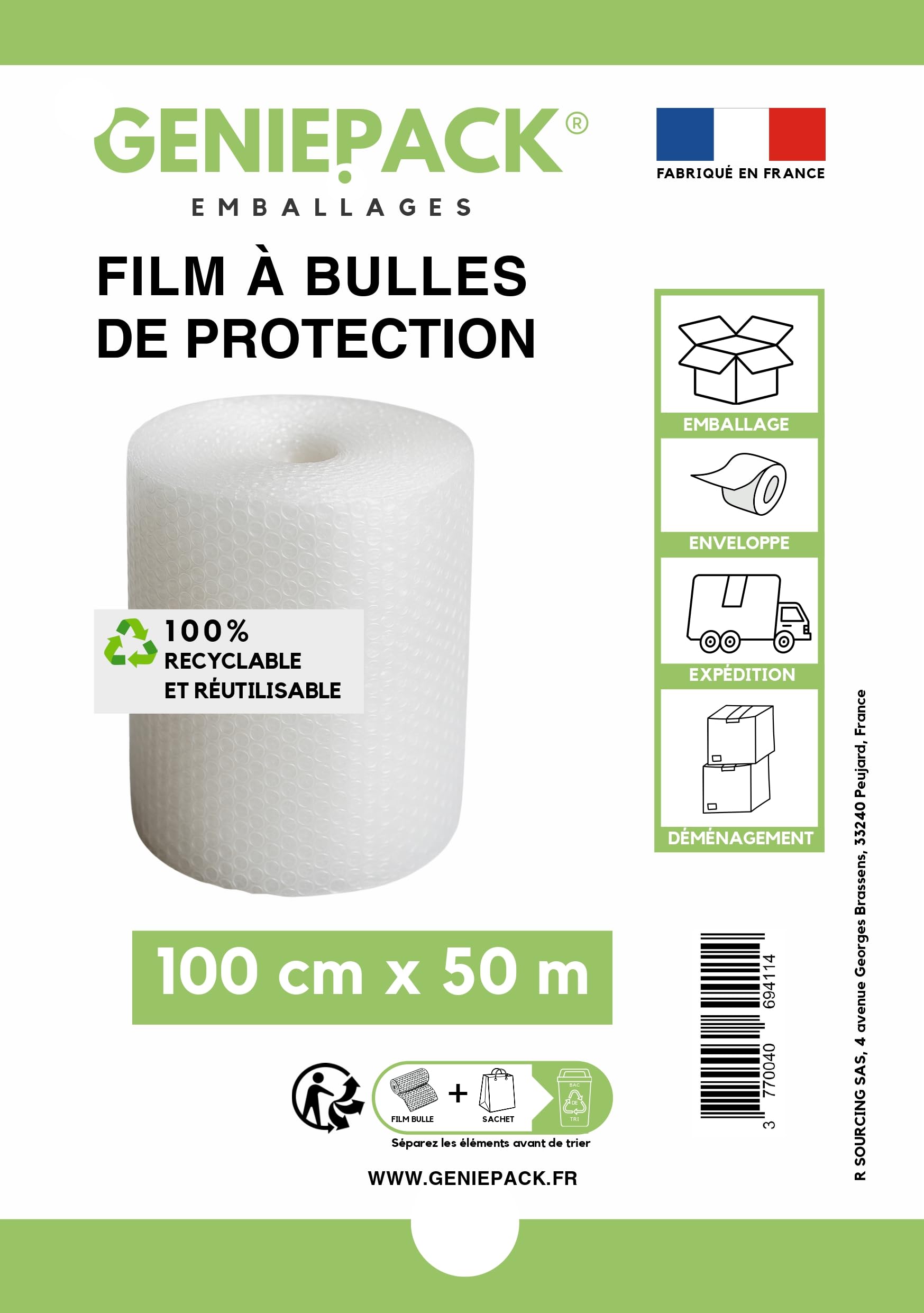 Film à Bulles Professionnel 100 cm x 50 m 60 Microns Bulles 10mm Protection Emballage Colis Déménagement Antichoc