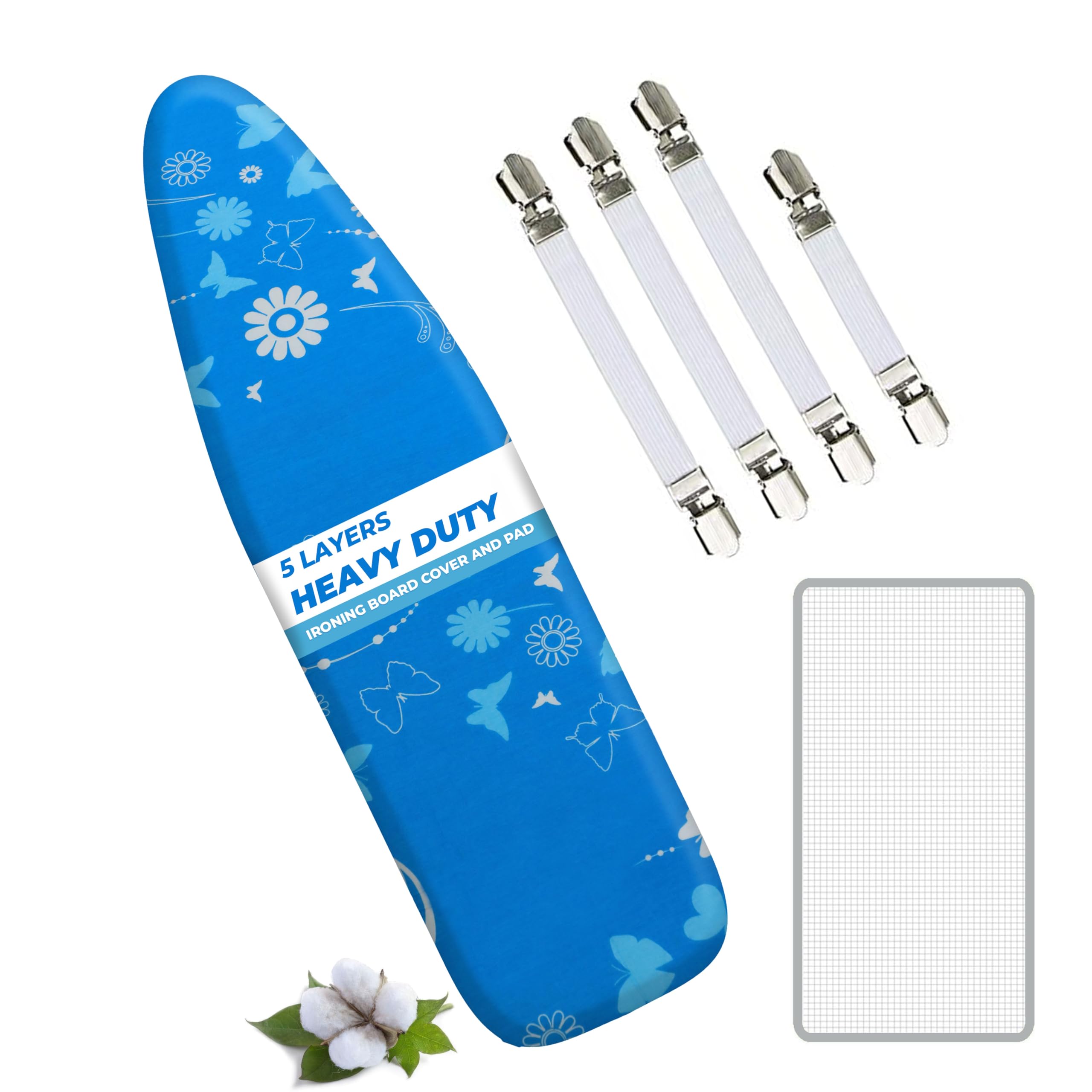 – EcoNour Ironing Board Covers 124 x 38 cm Extra Thick 7mm Padding, 100% Cotton Top Covers Easy-Fit for Protecting Ironing Board Cover Complete Set with 4 Strings - Large