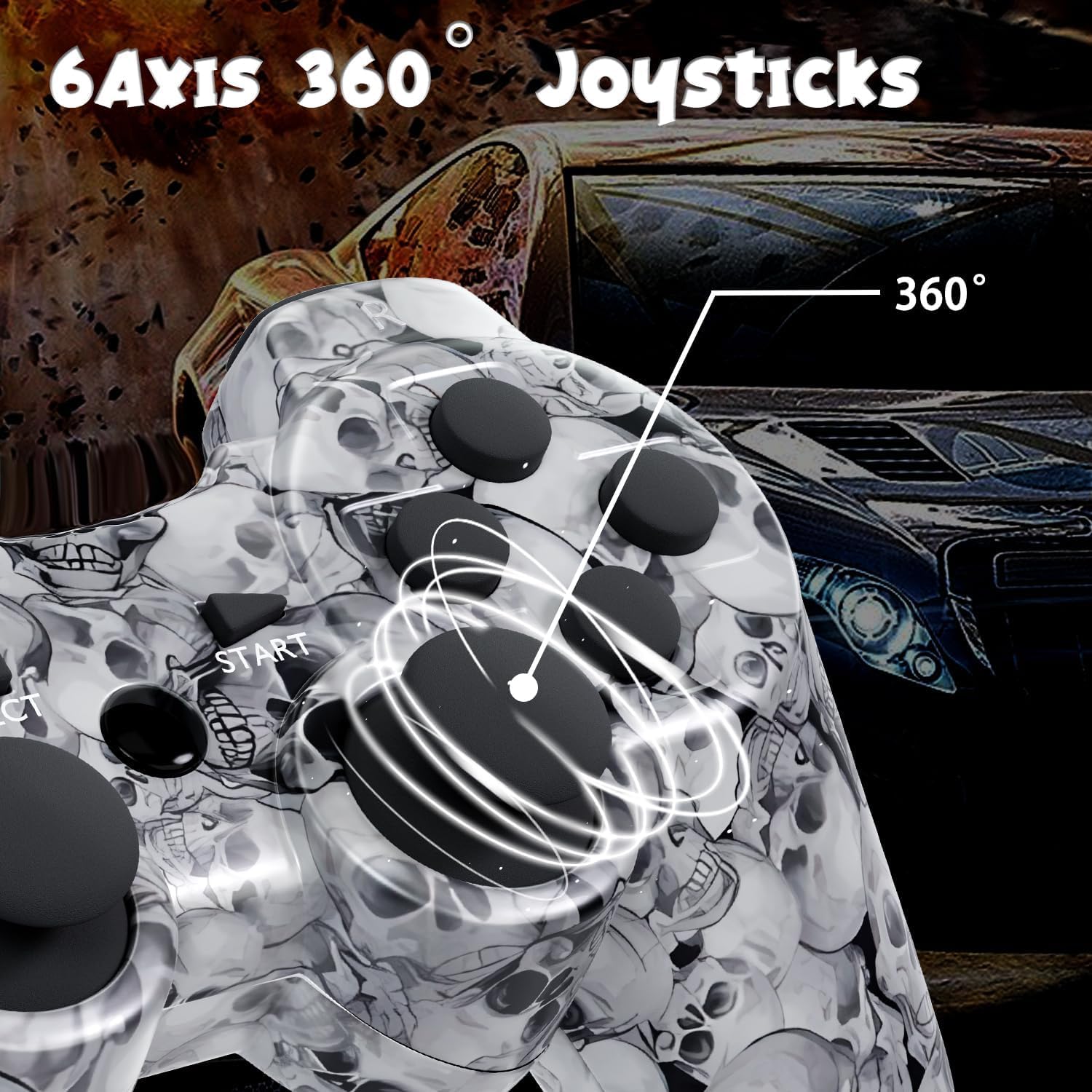 Zeion PS3-Controller, kabellos, Gaming-Fernbedienung, Joystick für Playstation 3, mit Ladekabel (schwarzer Geist, weißer Totenkopf)