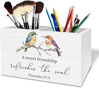 Bird Christian Friendship Pen Holder for Desk, a Sweet Friendship Refreshes the Soul Bible Verse Wooden Box Sign Desk Decor for Home Office Decoration, Religious Pencil Organizer