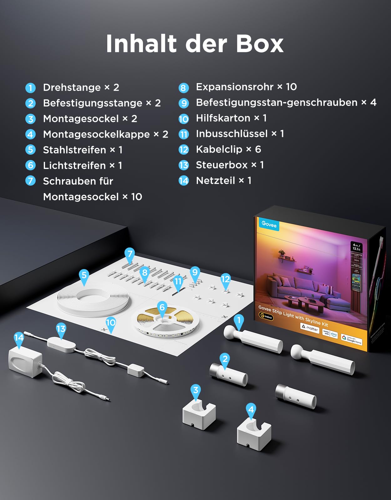 Govee LED Strip mit Skyline Kit, RGBWWIC LED Streifen, 4m | Kompatibel mit Matter, Alexa und Google, 154+ Szenen, Segmentierte Farbsteuerung, Schwebende Wandmontage