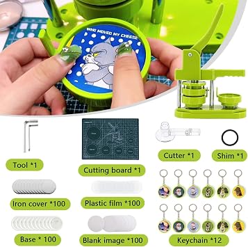 Badge Maker, Rotating Button Upgrade Badge Maker DIY Buttons Kit 37mm Badge Making Machine with 417 Pieces Key Ring Parts with Circular Cutter