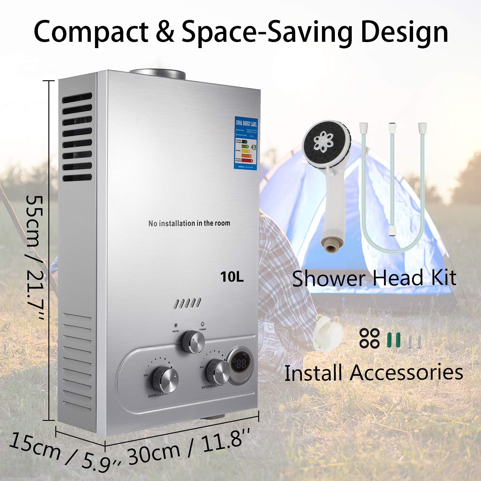 VEVOR 10L Propane Hot Water Heater 2.7GPM Tankless Instant Boiler Stainless  Steel Liquefied Propane Gas Water Heater with Shower Head Kit Wall-Mounted Water  Heater - Amazon.com