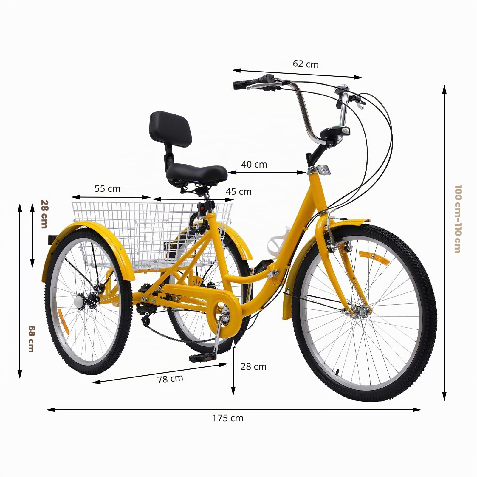 Tricycle pour adultes 24", 3 roues, pliant, à 7 vitesses, avec panier de courses pour adultes, personnes âgées, femmes, couleur jaune, sport en plein air