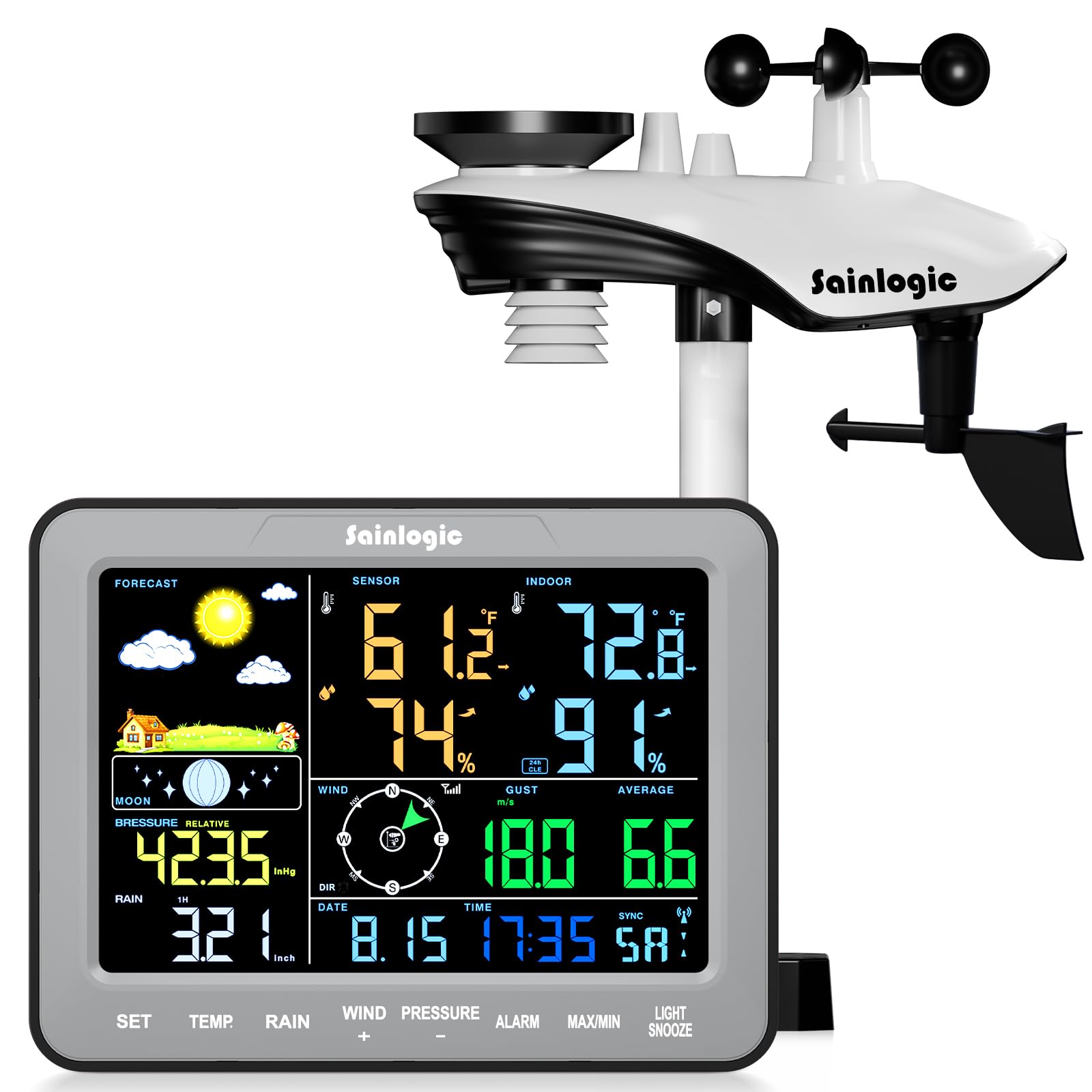 Sainlogic SA68 Home Weather Station with Weather Stations Wireless Indoor Outdoor and Rain Gauge Outdoor for Temperture,Humidity,Forecast,Pressure,Moon Phase,Alarm Clock for Bedroom,Gray(No WiFi)
