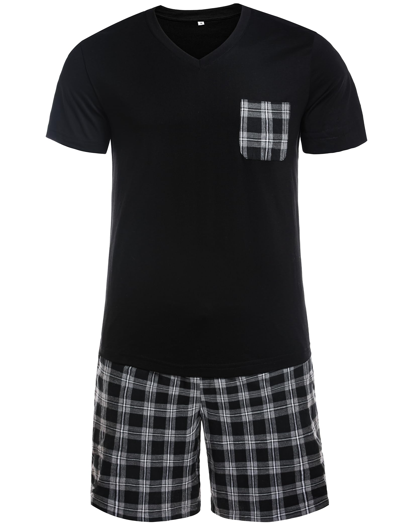 Winovia Herren Schlafanzug Kurz Pyjama Set aus 100% Baumwolle - V-Ausschnitt Kurzarm Shirt & Karierte Shorty Hose mit Gummibund - Atmungsaktive Nachtwäsche & Homewear für Sommer