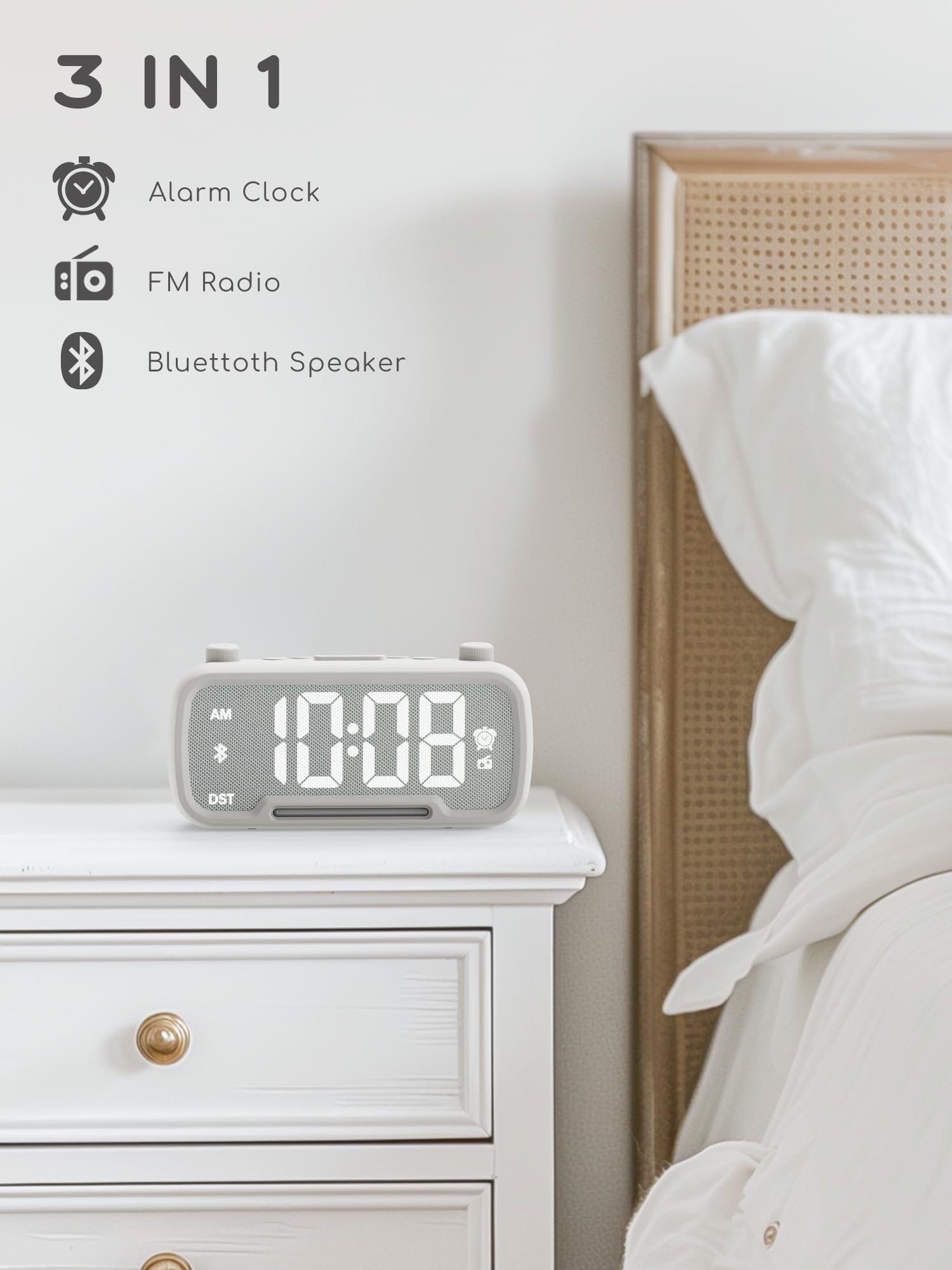 ROCAM Radiosveglia digitale camera da letto con luce notturna calda e Bluetooth, sveglia digitale con luminosità regolabile, snooze, radio FM, sleep timer, porta di ricarica USB A e tipo C