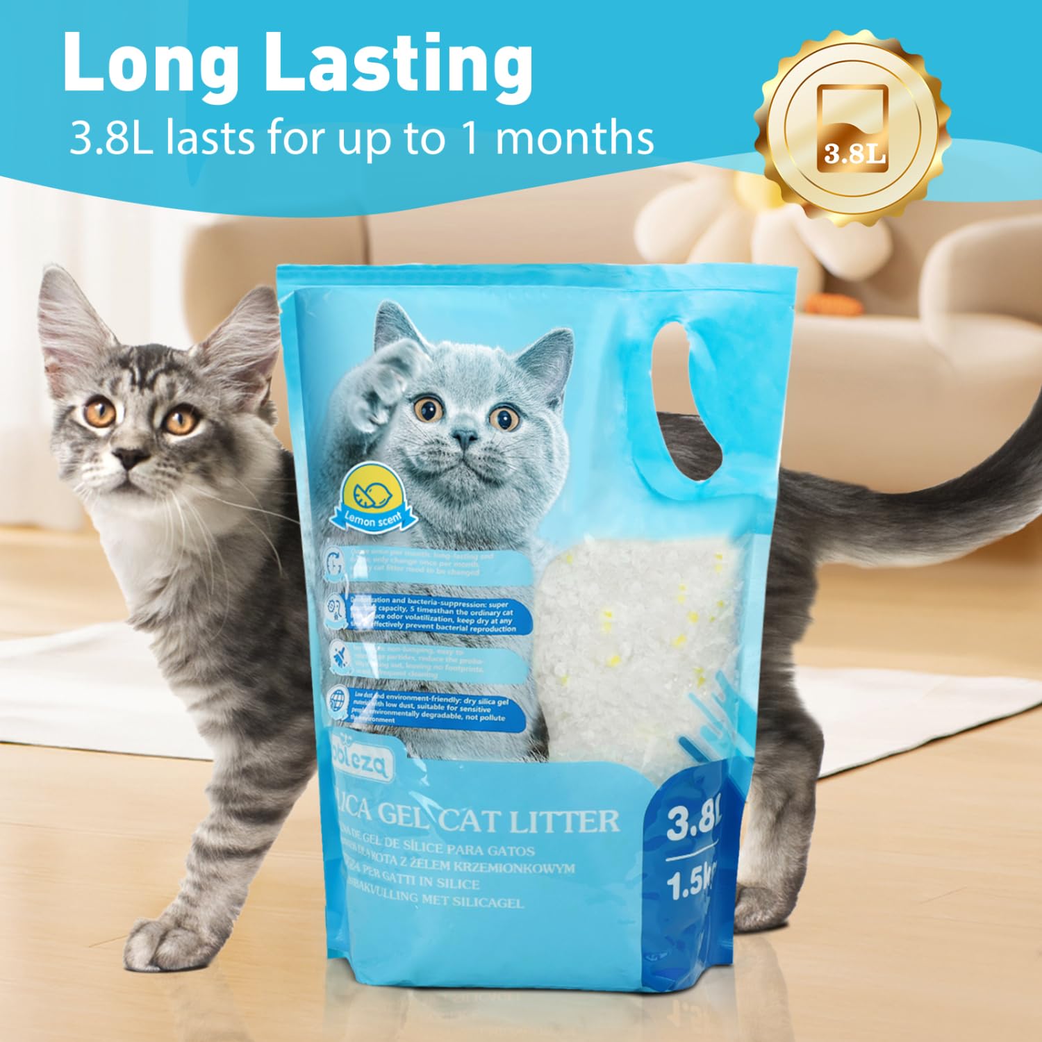 Nobleza - Arena para Gatos de sílice Camada para Gatitos de Gel de Diamante 8 X 3.8L Absorbente， Cómodo Biodegradable Sabor a Limon