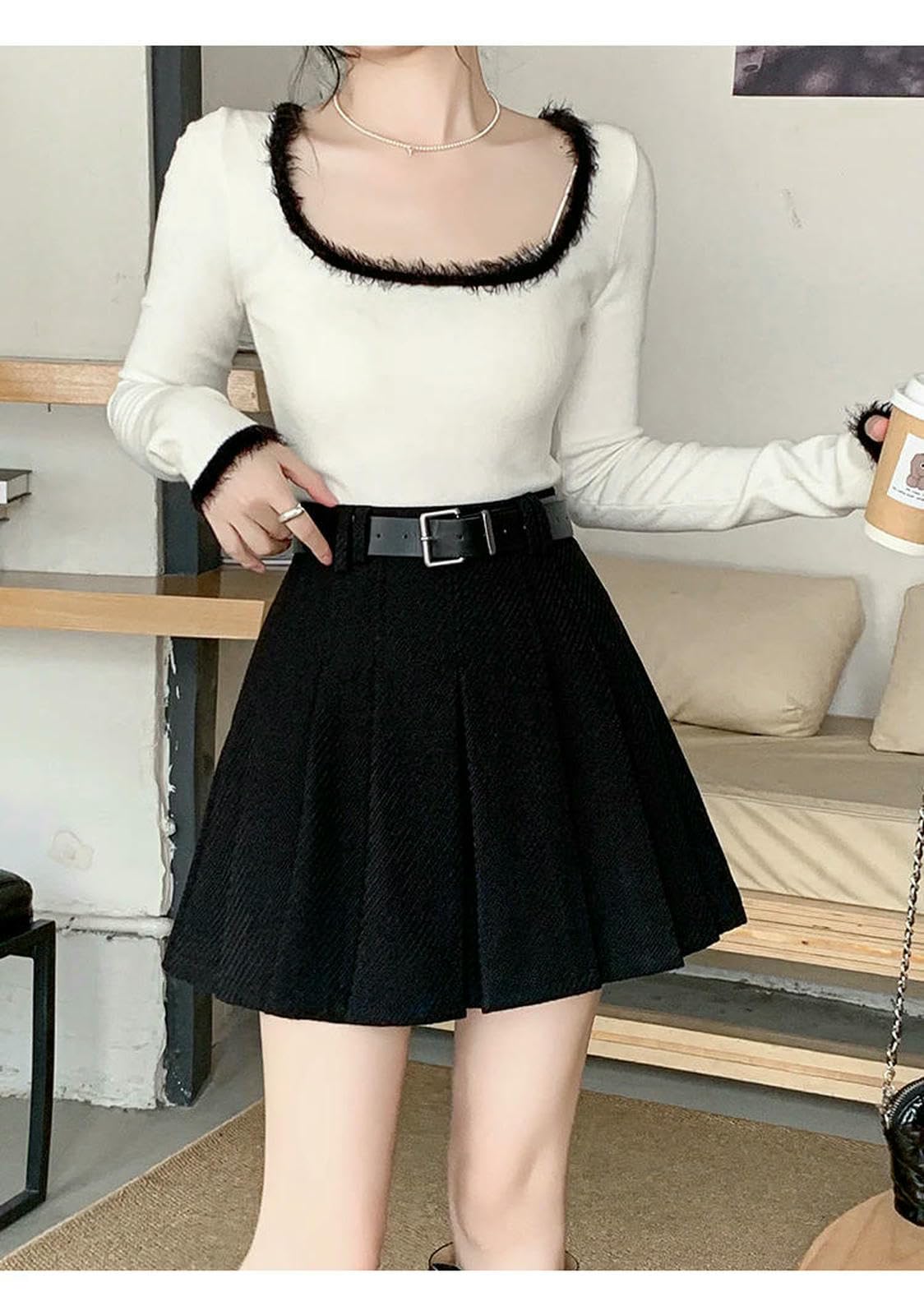 Gonna Lunga Mini A Pieghe Invernale Vintage da Donna Streetwear Vita Alta Gonne Carine con Pantaloncini Cintura Nera Grigia Donna-Nero-s