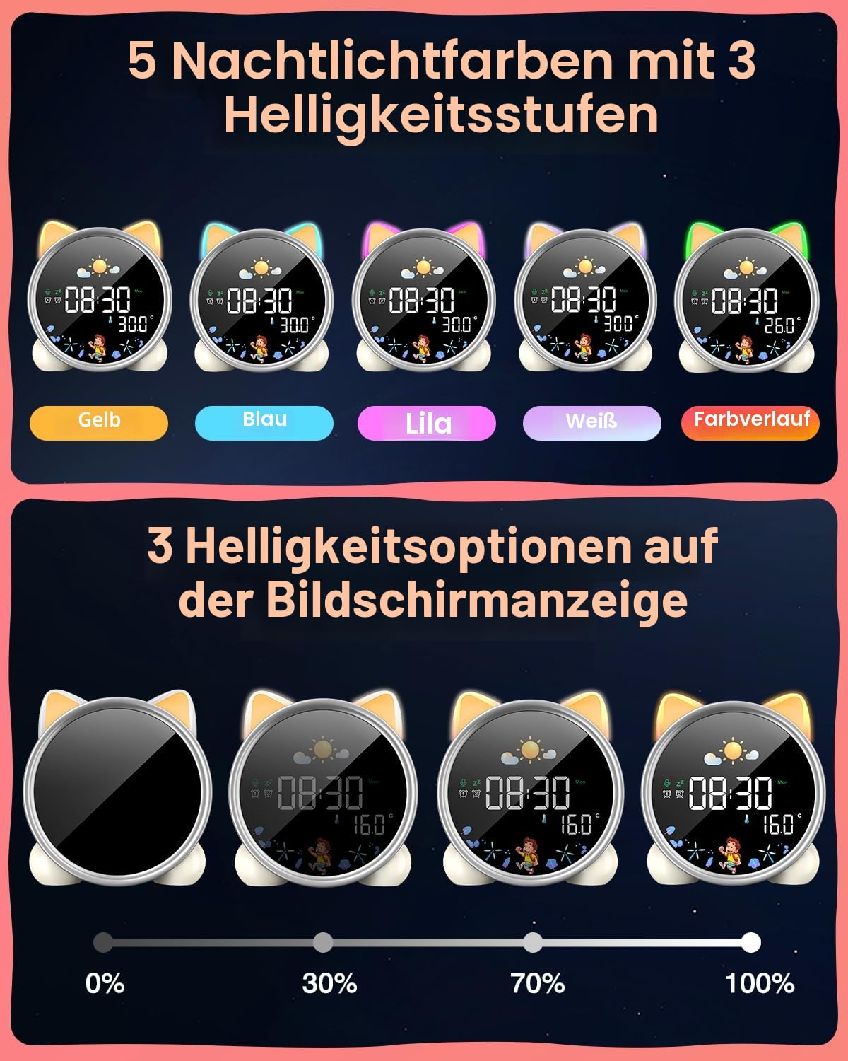 Lemnoi Kinderwecker Lichtwecker für Jungen und Mädchen, Batteriebetrieben Kinder Schlaftrainer mit Nachtlicht, Countdown, Snooze-Funktion, 3 Helligkeitsstufen und Buntem Licht, Lichtwecker für Kinder