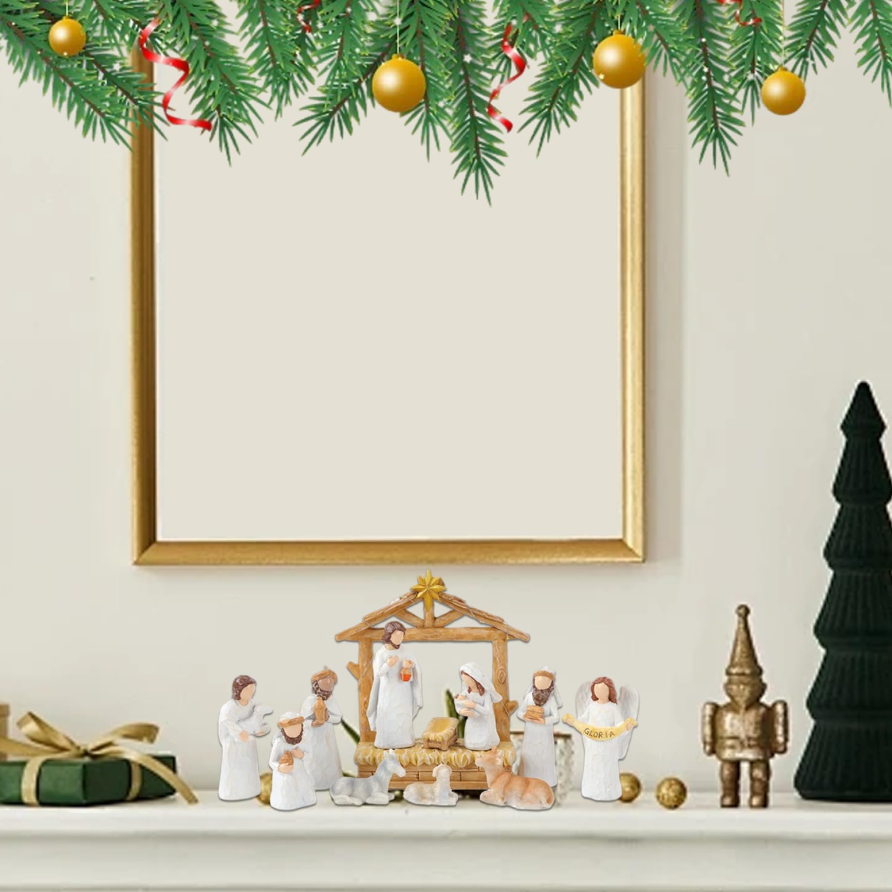 Blanco Home Conjuntos y Figuras de Nacimiento Juego de 12 Belén de Resina con Luces navideñas para decoración navideña para niños y Familias..
