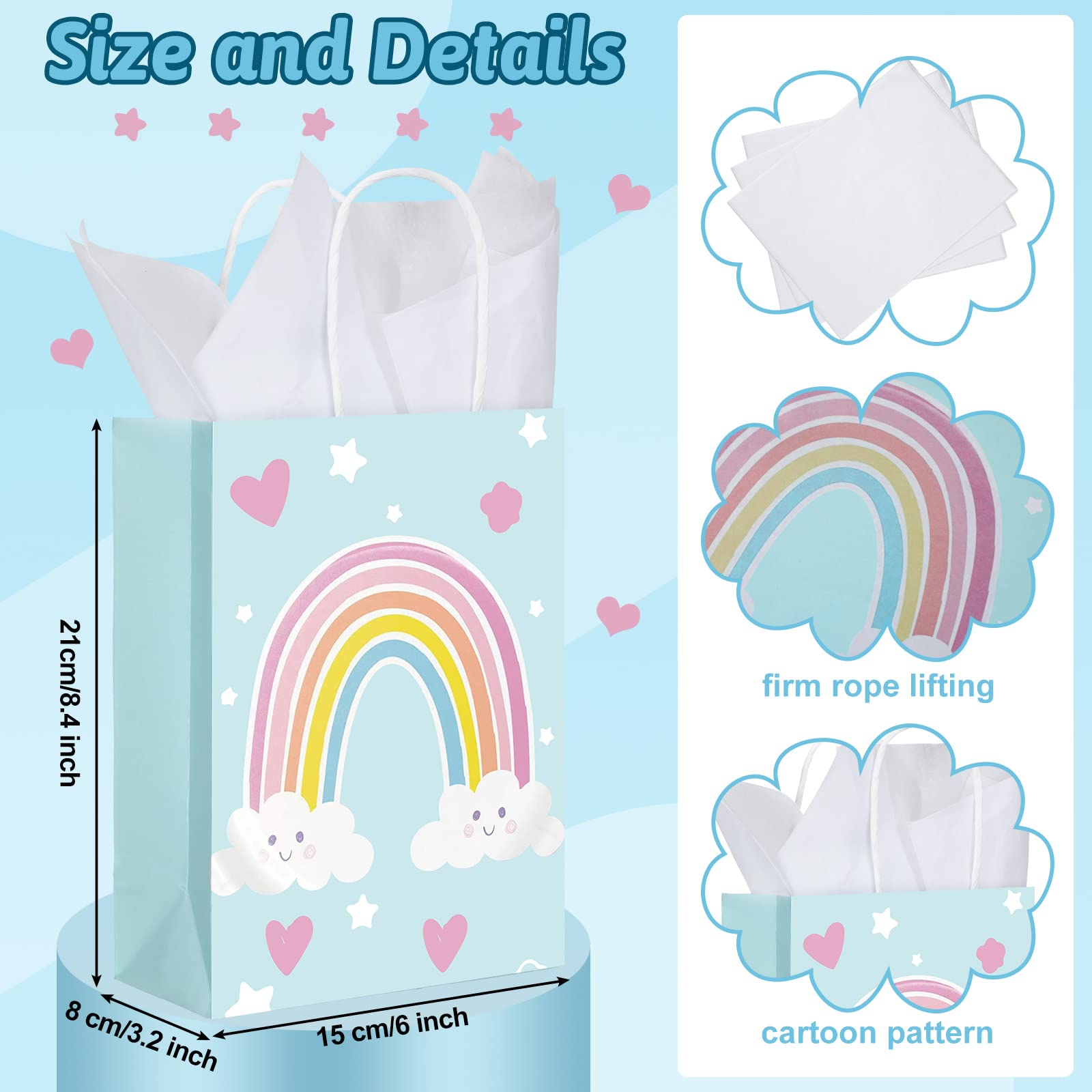 Sinmoe 24 Pcs Rainbow Gift Bags with 24 Pcs White Tissues Paper Rainbow Party Favor Small Bags with Handles for Kids Birthday Baby Shower Weddings Graduation 8.27 x 5.91 x 3.15 Inch