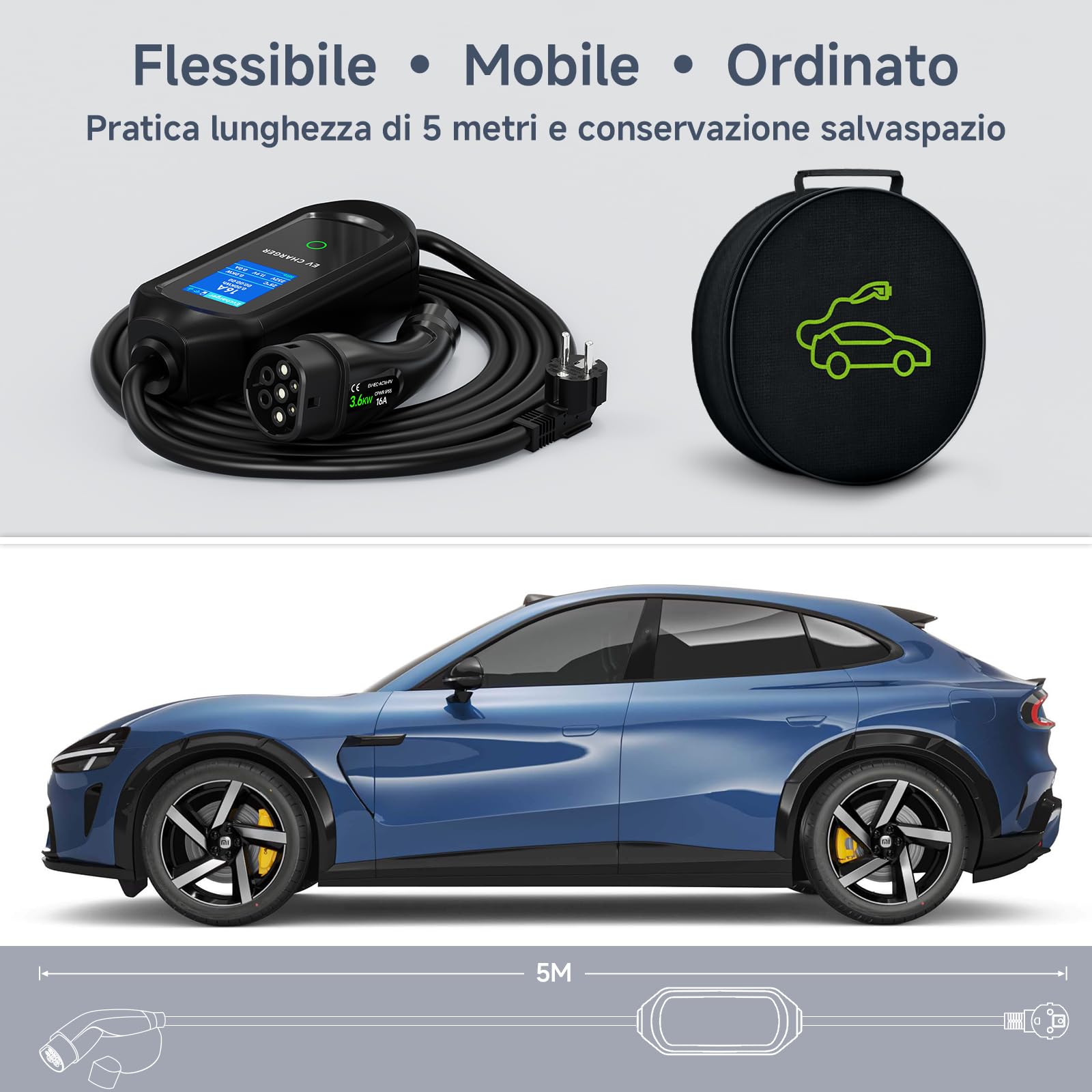 Colonnina Ricarica Auto Elettrica 3.6kW 5m, 6-16A Cavo Ricarica Auto Elettrica Tipo 2, Carichino Auto Elettrica, IP65 Monofase con LED Controllo Digitale Compatibile con EV/PHEV