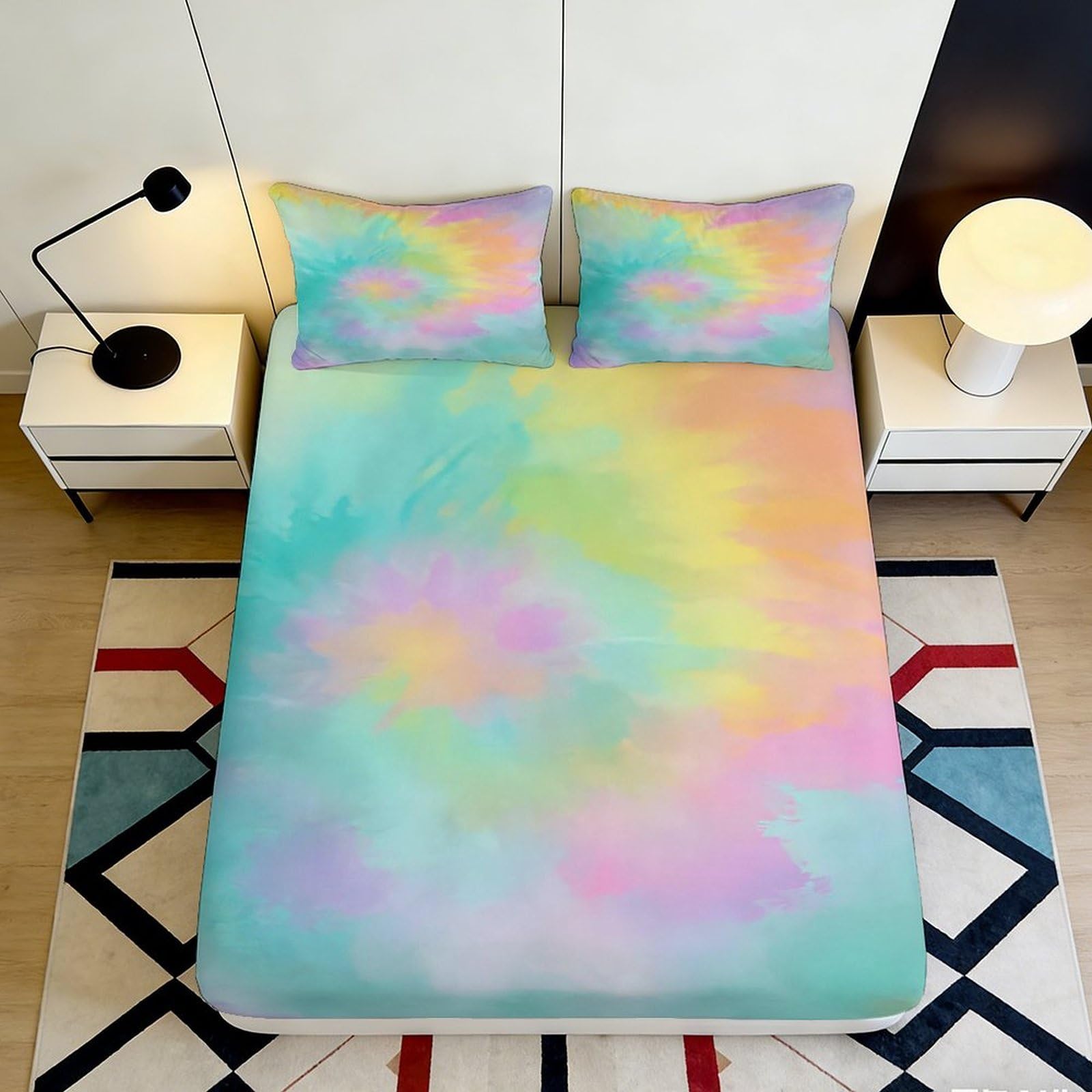 3D Printed Pastel Tie Dye Fitted Sheet Microfiber Soft Breathable Rainbow Swirl Mattress Cover for Bedroom Dorm Decor 90x200x25cm