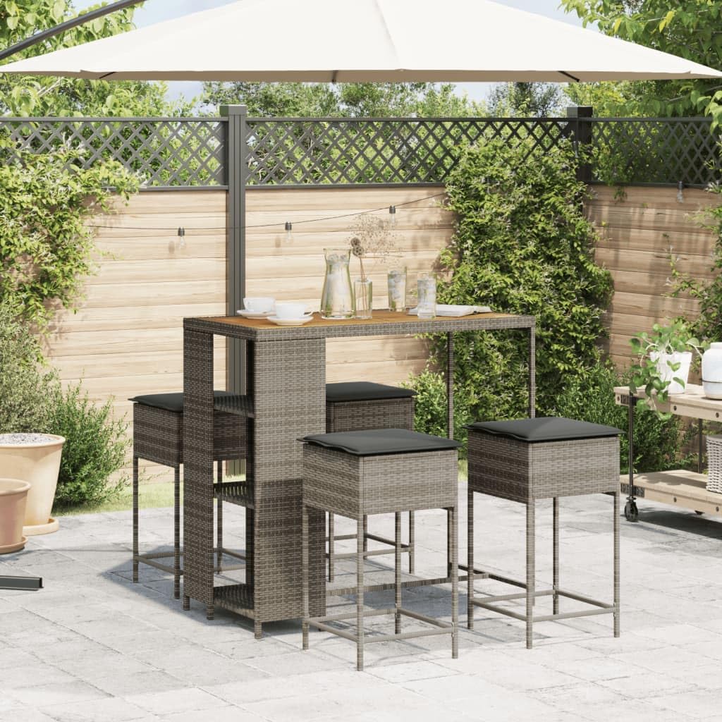 Juego de Bar de jardín de 5 Piezas con Cojines Gris ratán PE Resistente para terraza Patio Exterior con Mesa Madera Acacia y taburetes Acero para Ocio y reunión al Aire Libre