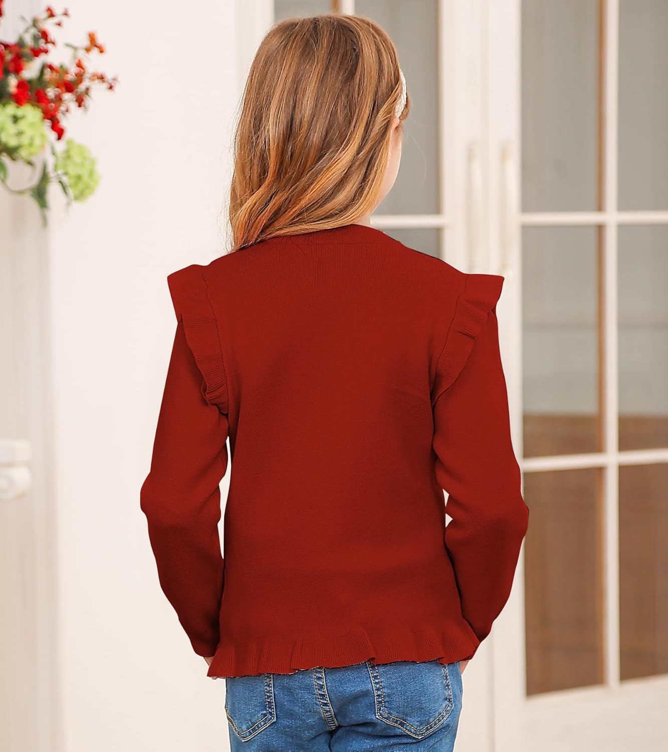 Girls Cardigan Sweater School Uniforms Button Crewneck Cute Ruffle Long Sleeve with Pockets Bowknot Knit Tops - Image 3