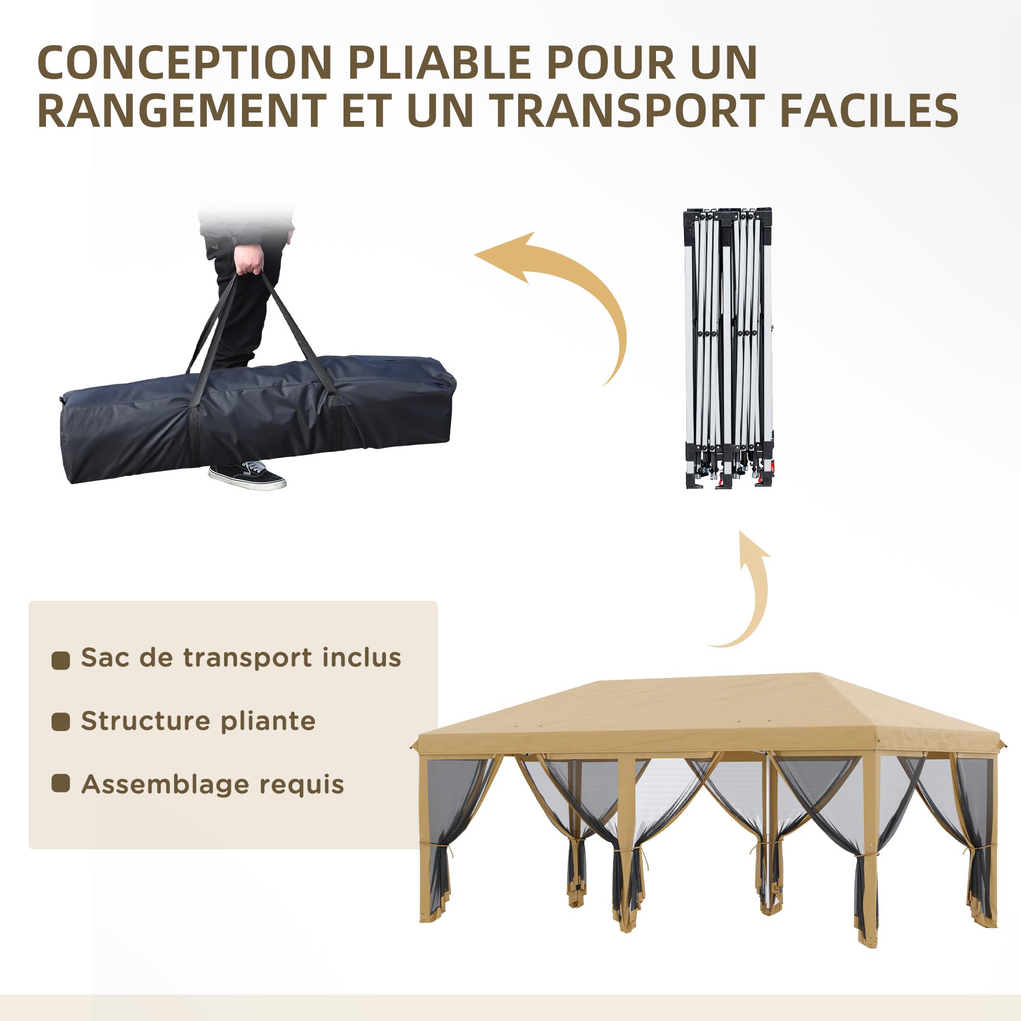 Outsunny Tonnelle Pliante tonnelle de Jardin extérieure Barnum Pliant Pop-up pavillon de terrasse 6 x 3 m Anti-UV moustiquaires Amovibles + Sac de Transport Beige