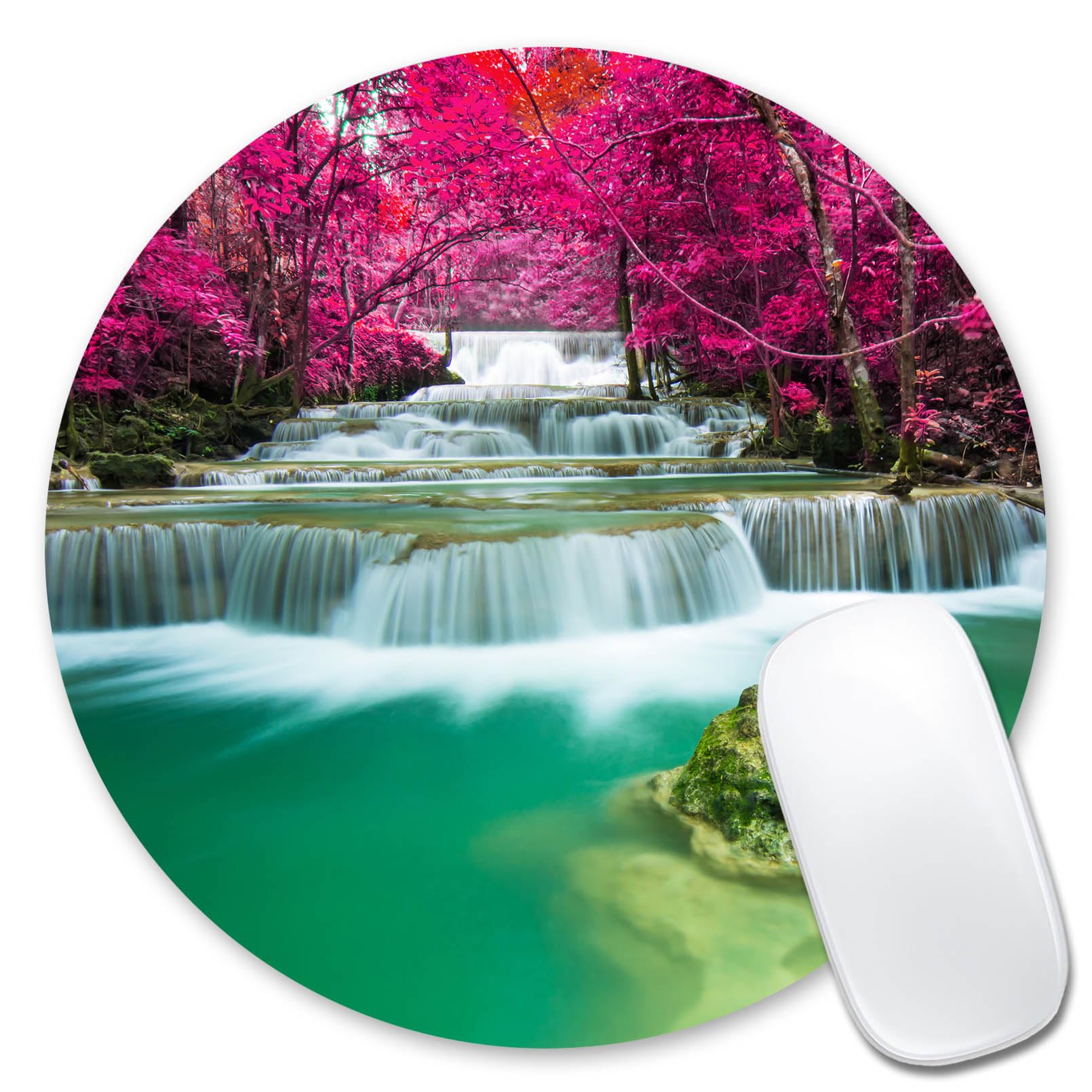 ice rabbit Mouse Pad Beautiful Red Forest and Waterfall in Autumn Non-Slip Rubber Base Gaming Mouse Mat Round Mousepad