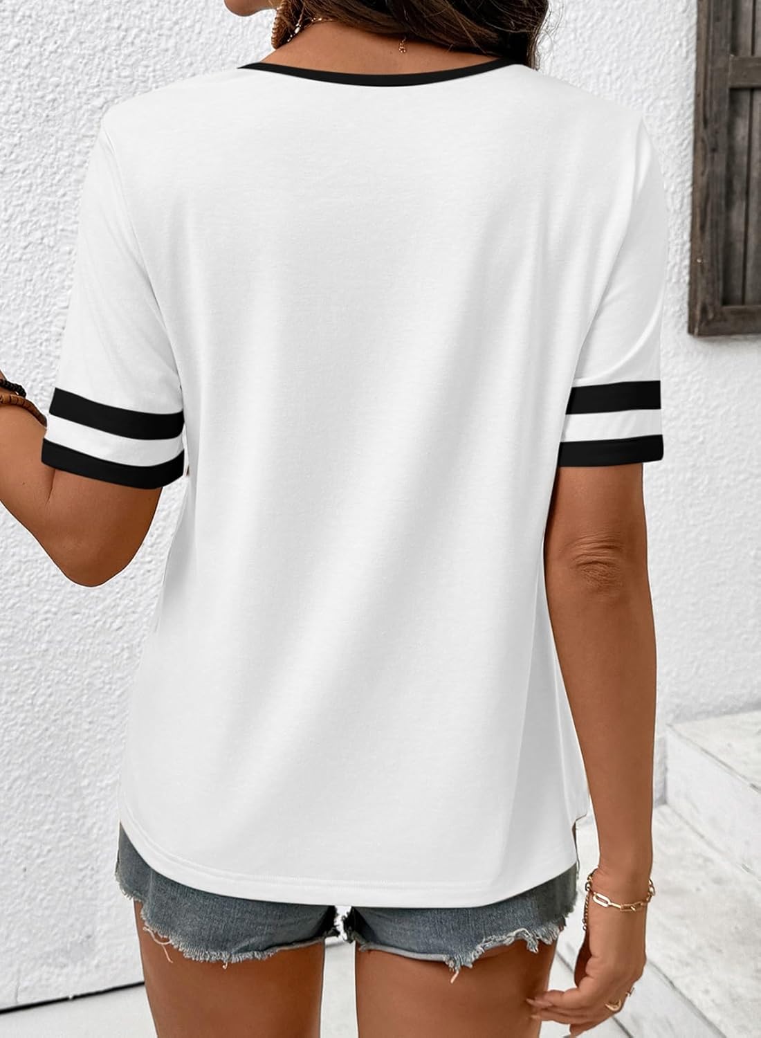 SHEWIN Women's Summer Tops V Neck Short Sleeve T-Shirts Colorblock Casual Tees 2026 Clothes - Image 5