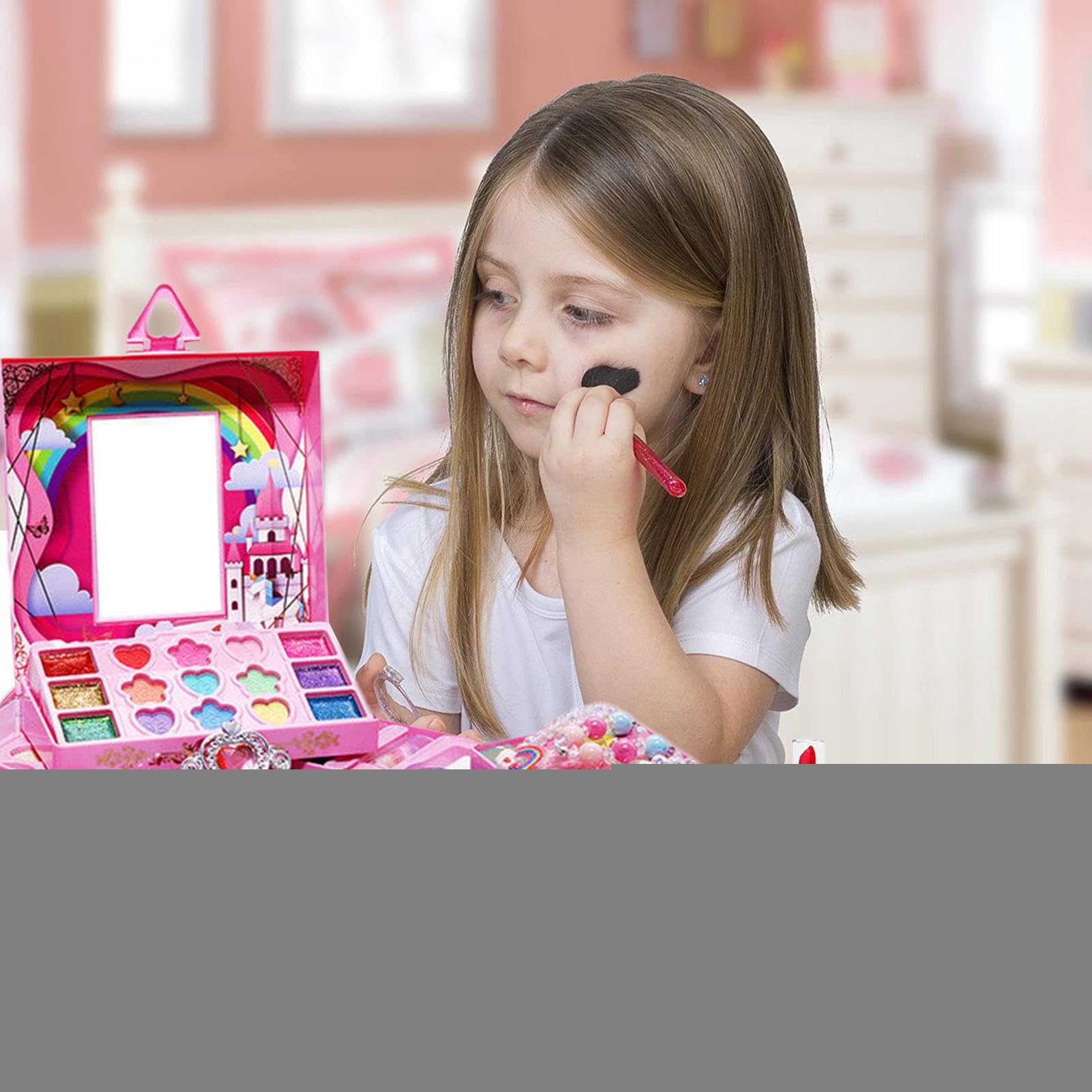 Set trucco per bambini,Trucco per bambini | Giocattoli per il trucco da gioco per ,Kit cosmetici Princess di design con scatola portaoggetti di grandi dimensioni, giochi di finzione per