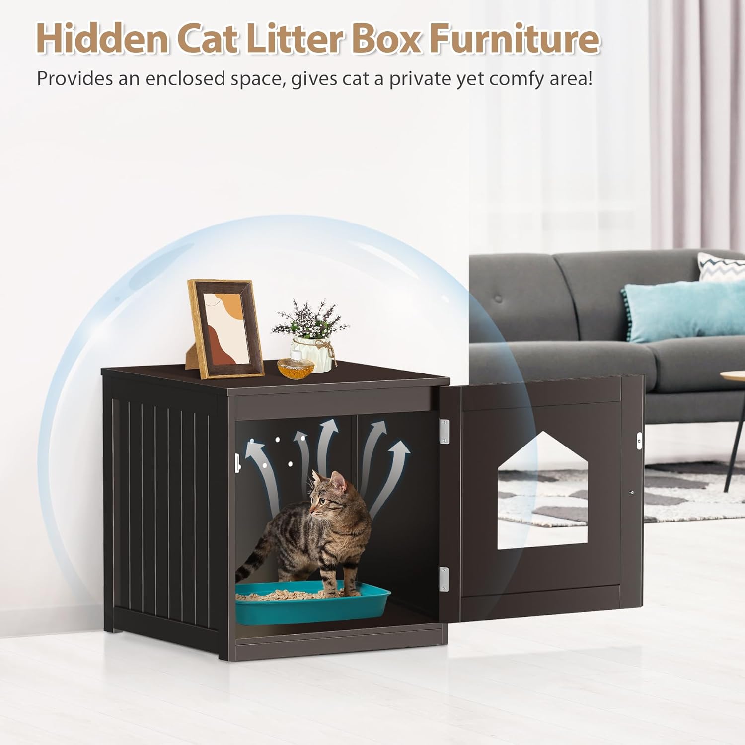 Cat Litter Box Enclosure, Indoor Cat House Hidden Litter Box Furniture,Side End Table, Nightstand, Washroom w/Door & Vent Holes for Large Kitty Dog Puppy, Brown