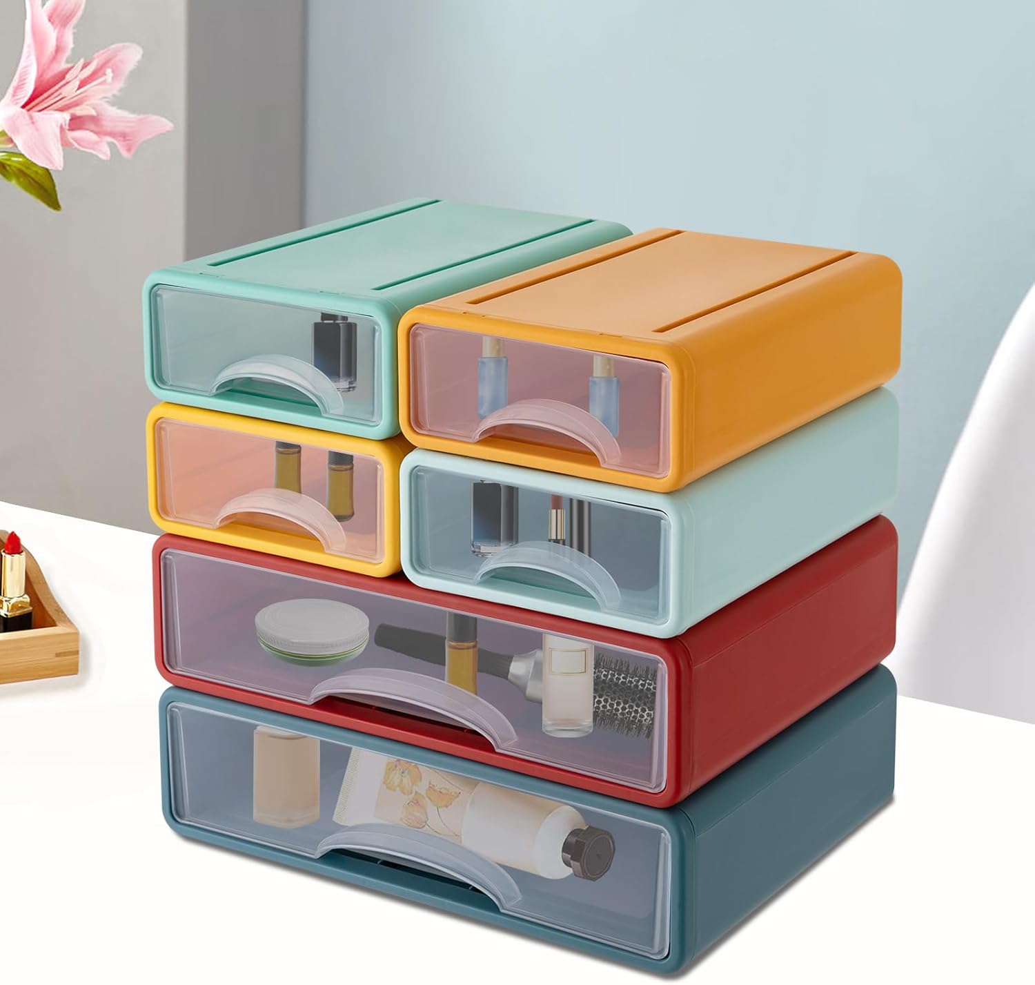 Bathrena Desk Organizer Office Storage Box with 6 Drawers Plastic Drawers Organizer Stackable Storage Drawers for Office Supplies,Pencils,Markers,Tape,Erasers. (Red,Yellow,Green,Blue)