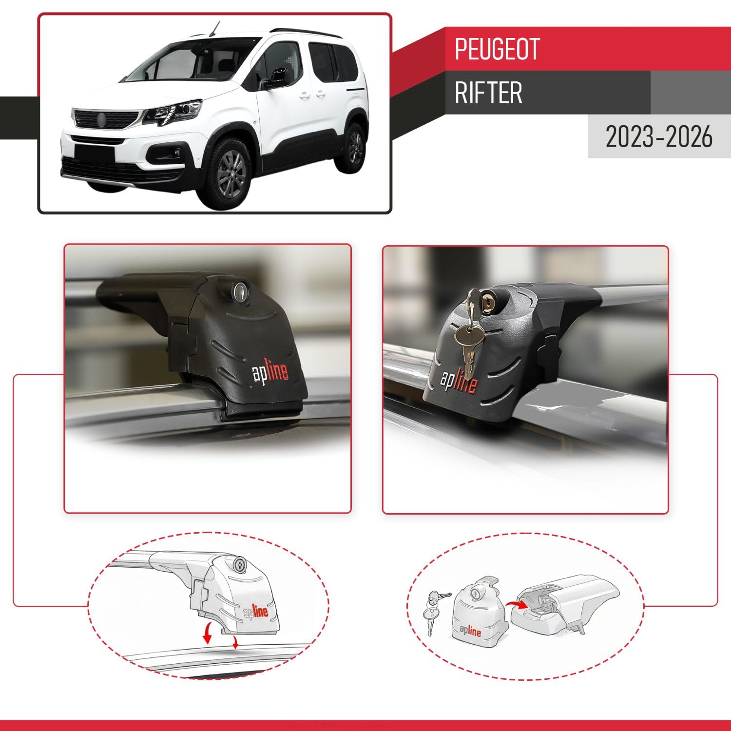Compatible avec Peugeot Rifter 2023-2026 ACE-2 Modèle Barres de Toit Railing Porte-Bagages de Voiture Aluminium Gris 2 Barres