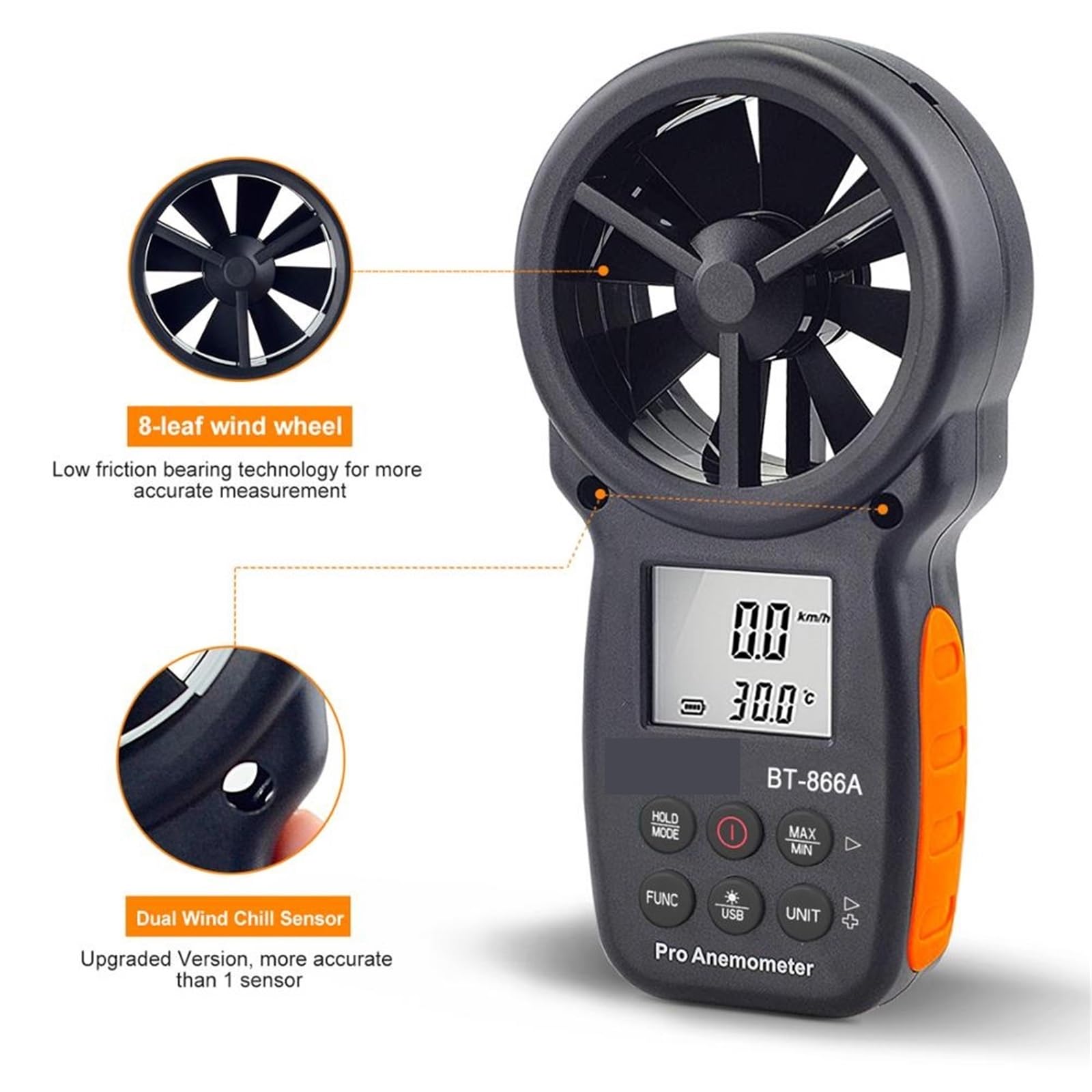 Anemómetro Digital de BT-866A, medidor CFM portátil con conexión USB, medidor de flujo de aire, medida de temperatura del viento/velocidad, sensación térmica CFM