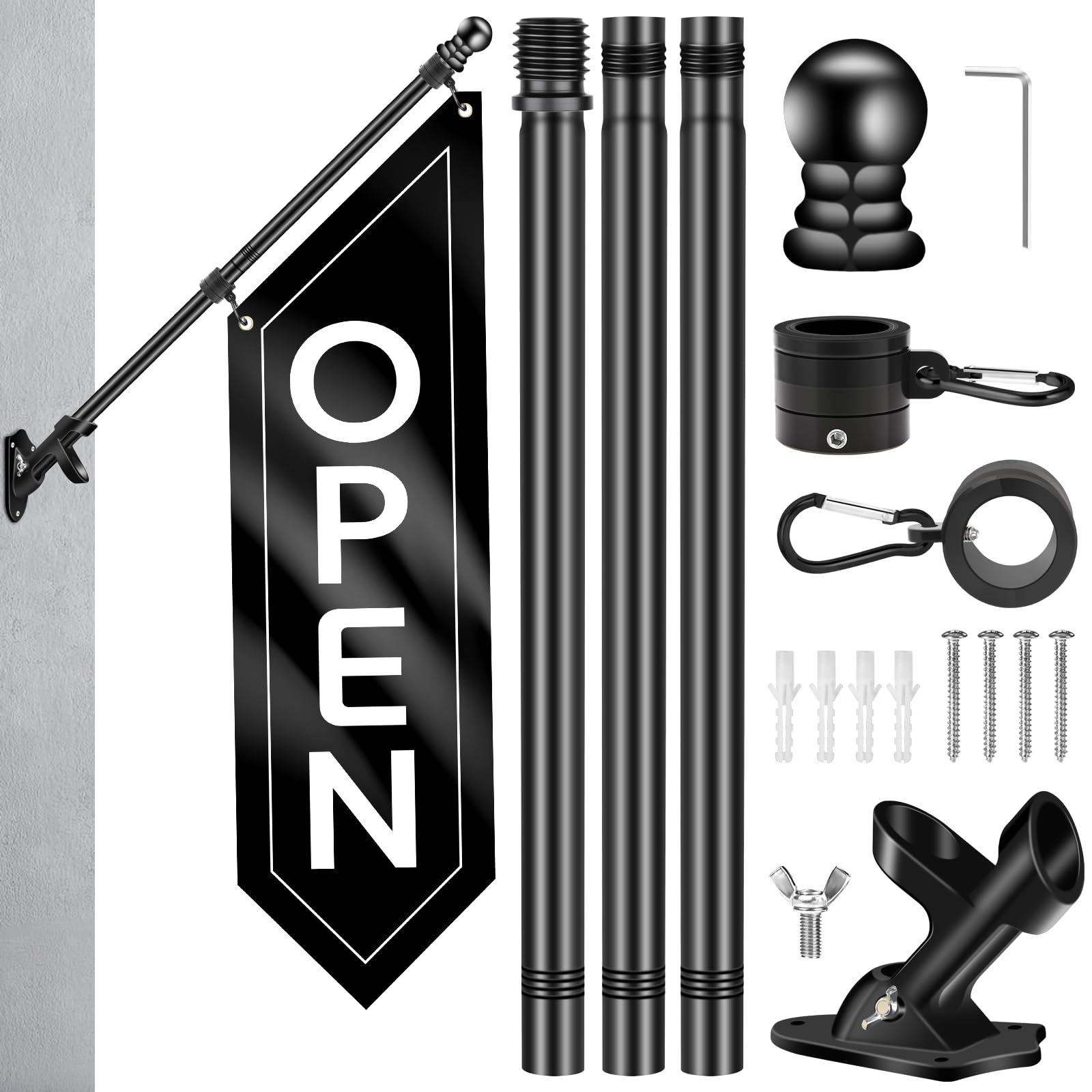 Open Flag with Pole Kit - Heavy Duty Double-Sided Open Banner for Business Storefront, Outdoor Advertising Sign with Mounting Bracket for Retail &