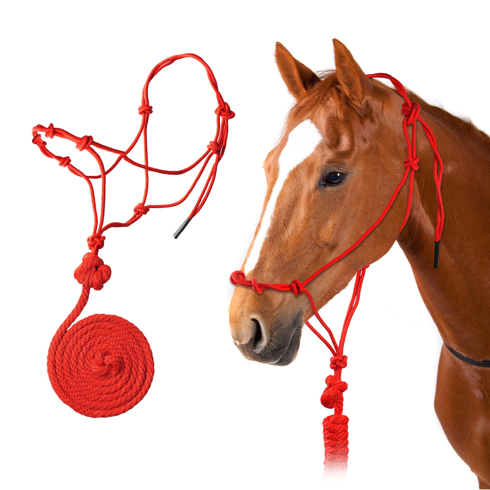 NRTFE Rope Halter with Lead Rope Stiff Polyester Horses Training Halter (Red Color 1/4")