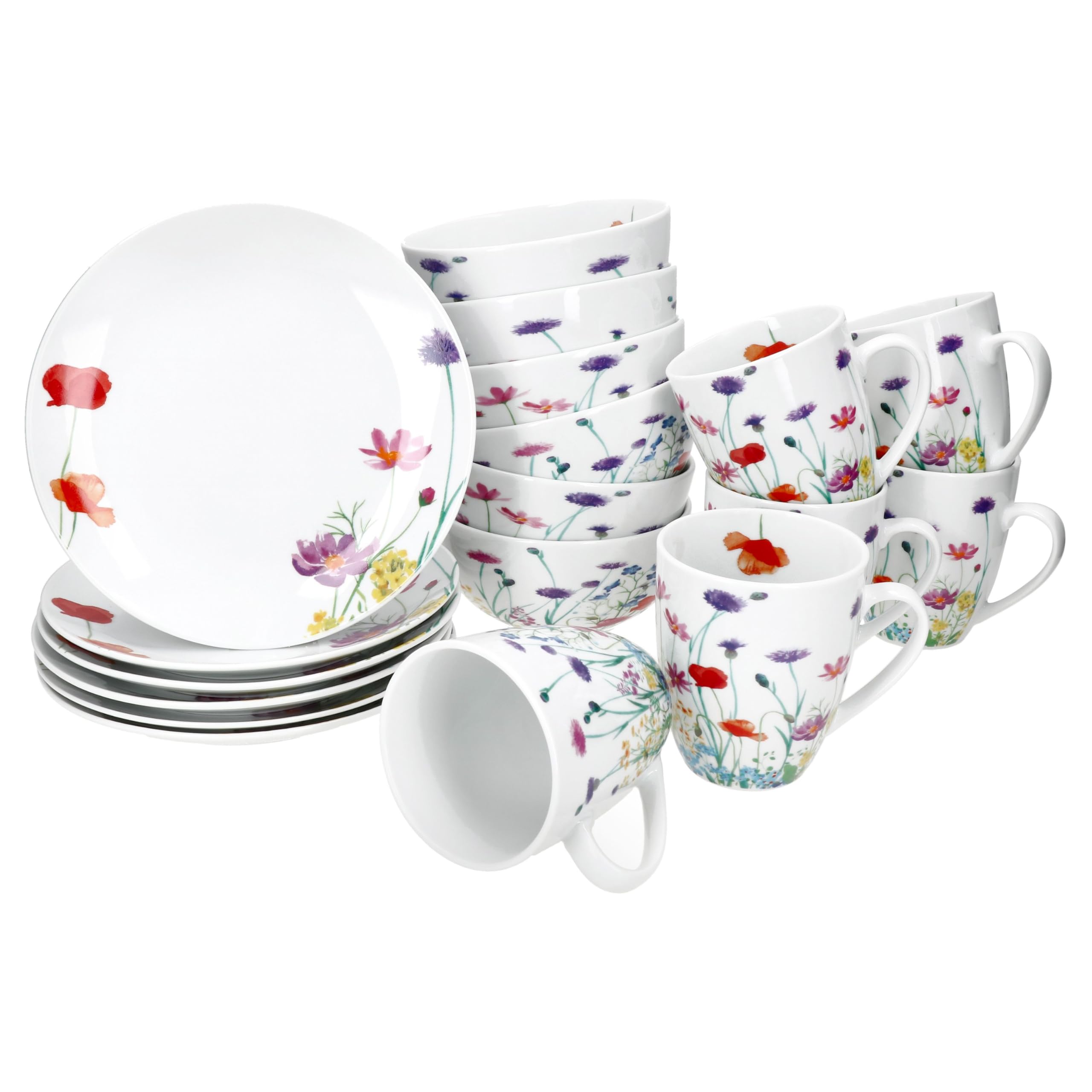 MamboCat Marie Service de petit-déjeuner 18 pièces Vaisselle en porcelaine décor prairie florale pour 6 personnes
