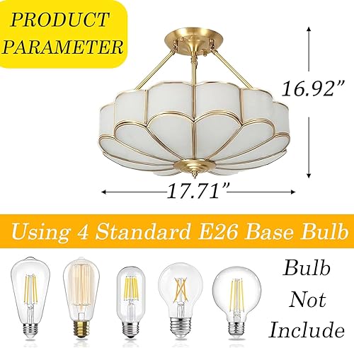 Miniatura 9 de -Lámpara de techo semiempotrada de 4 luces, lámpara de latón con pantalla de vidrio esmerilado, lámpara de comedor dorada, lámpara de techo moderna