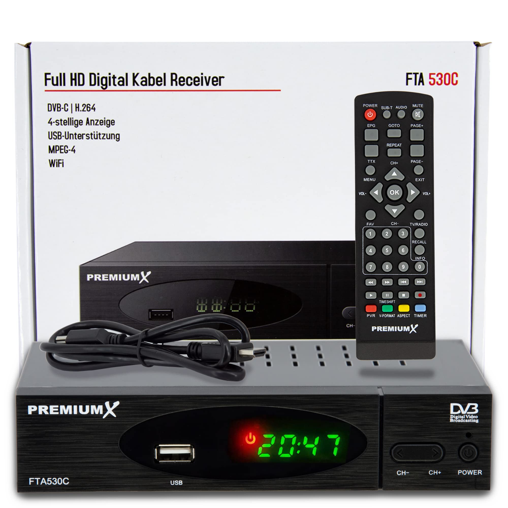 PremiumX Récepteur de câble DVB-C FTA 530C TV numérique HD | Installation de Voiture Lecteur multimédia USB SCART HDMI WiFi en Option | Télévision par câble Convient à Tous Les fournisseurs de câbles