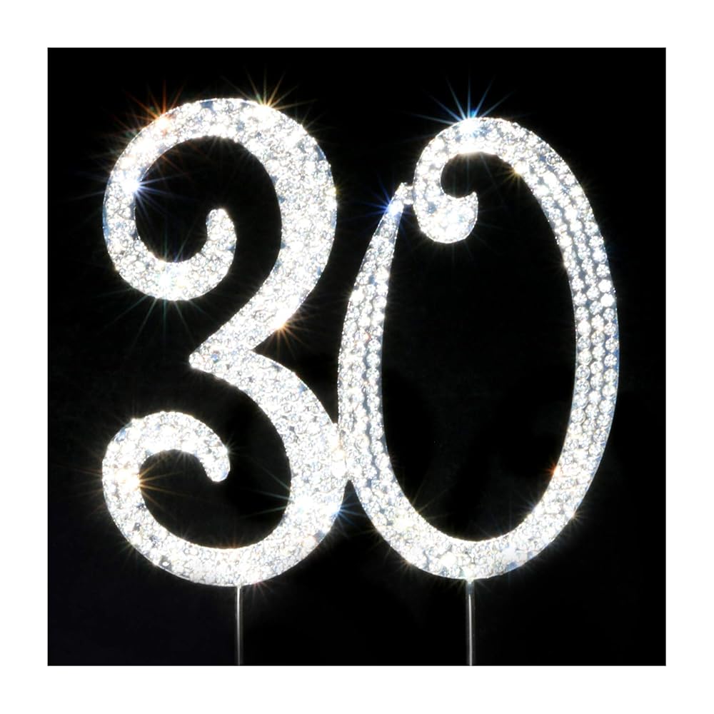 Scotamalone 30 Cake Topper Silver Premium Bling Rhinestone Diamond Gems 30th Birthday or Anniversary Party Decoration Ideas