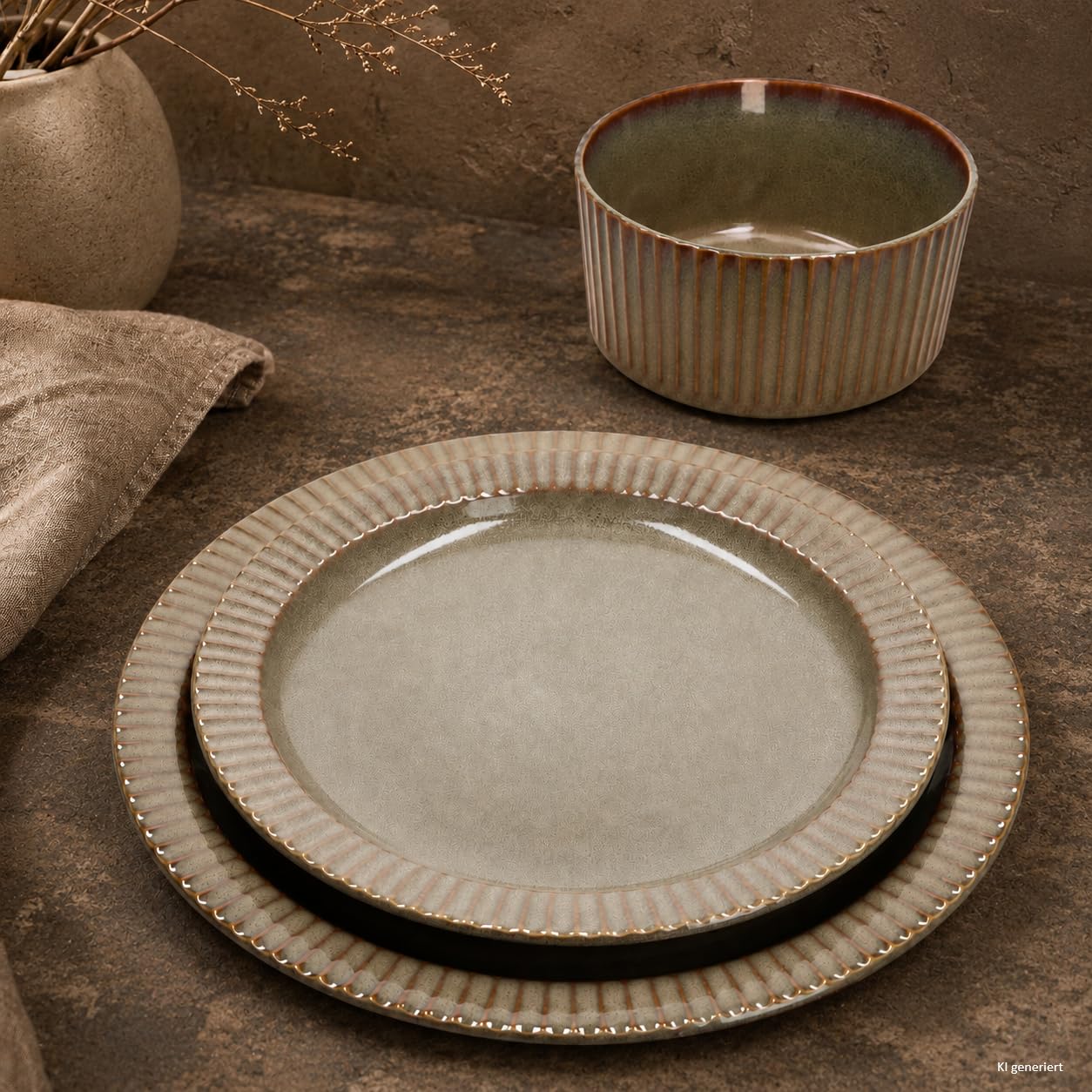 MamboCat Bistro Lot de 18 assiettes I 6 personnes I Service de table de dîner marron avec aspect rétro I 6 assiettes plates, bols à bol et assiettes à gâteau I Faïence