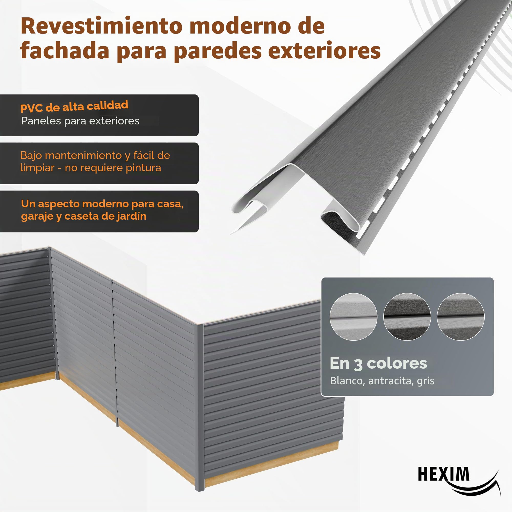 HEXIM Revestimiento de Fachadas, Paneles de Plástico, Revestimientos de Vinilo, Revestimiento de Pared Exterior, Resistente a UV, Siding PVC-U - (24 paneles grises) 9,84 metros cuadrados