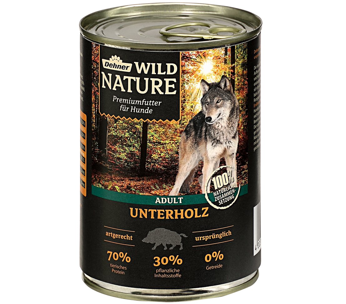 Dehner Wild Nature zestaw próbnej karmy dla psów, mokra karma bez zbóż/bez cukru, dla dorosłych psów, kaczek, koni, dziczyzn, królików, 6 x 400 g puszka (2,4 kg)