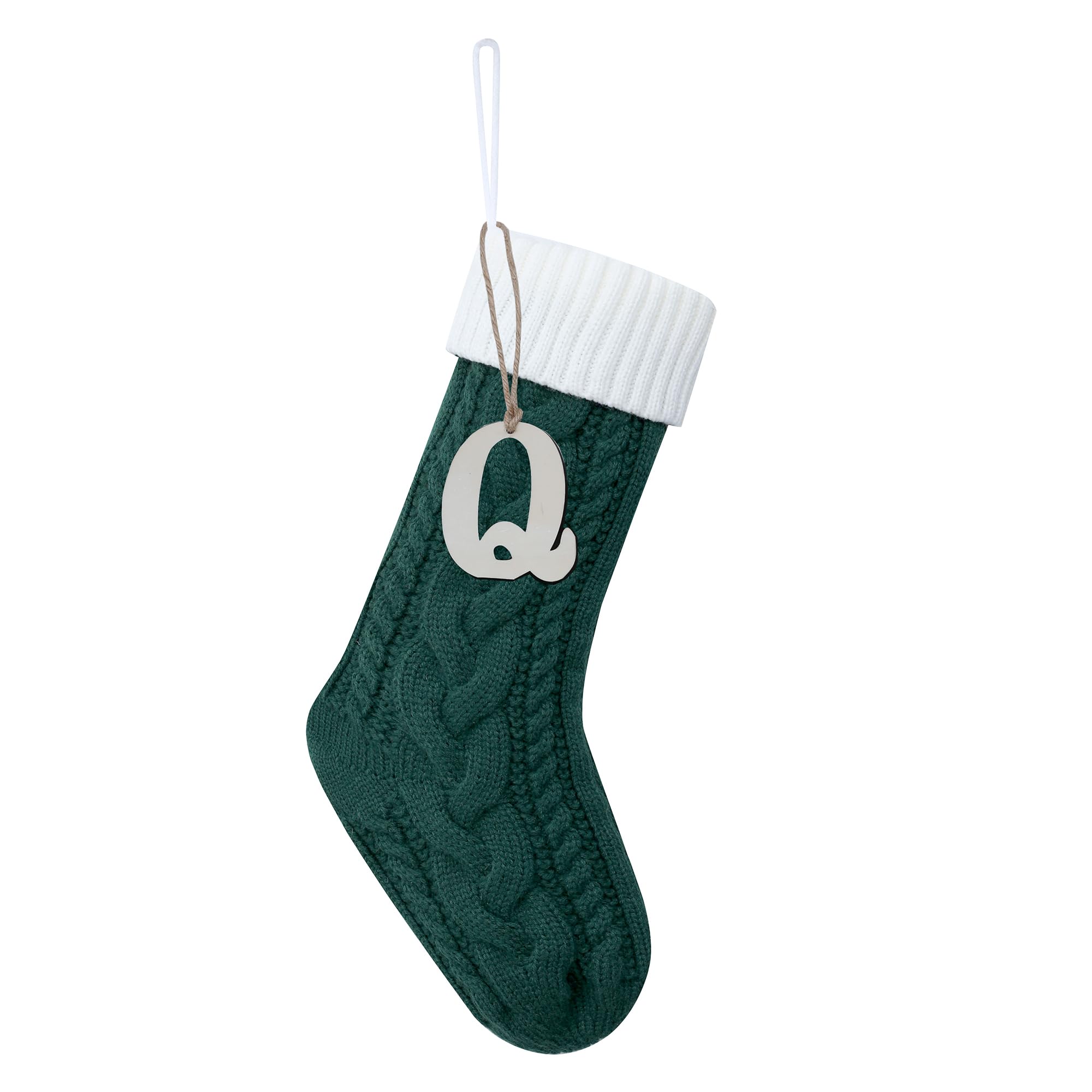 Sxmder 19 Inches Personalized Green Cable Knitted Christmas Stockings, Large Knitted Christmas Stockings with Wooden Letter Tag for Holiday Christmas Party Family Decor (Letter Q)