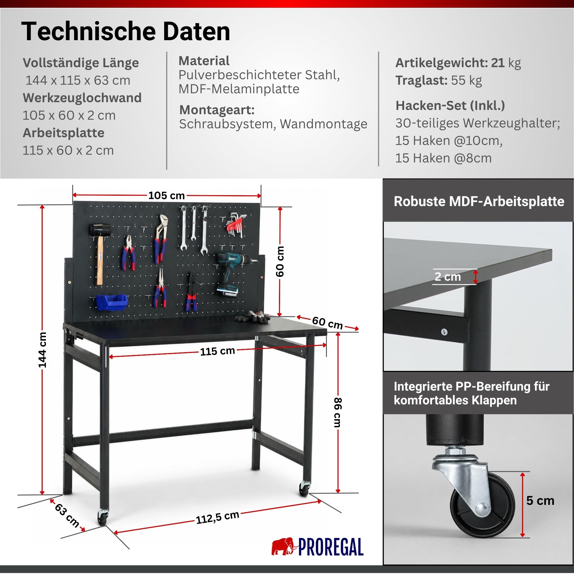 PROREGAL Werkbank klappbar für Wandmontage Titan mit Werkzeug Lochwand für Werkstatt 144x115x63cm Fachlast 55kg inkl. 30-teiligem Hakenset Schwarz Werktisch für Enge Räume mit Lochplatte Werkzeugwand