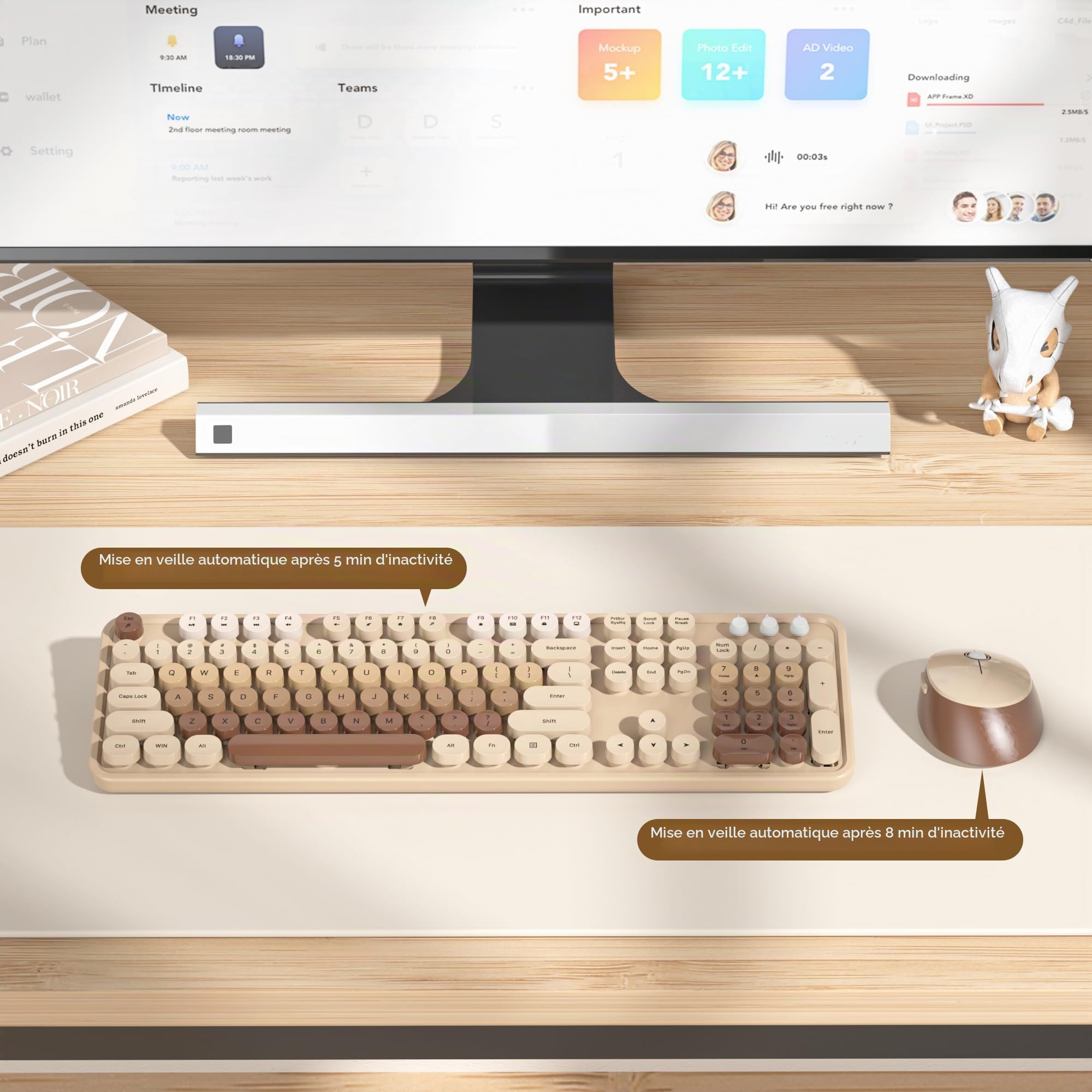 SOLIDEE Ensemble Clavier et Souris sans Fil - Clavier de Machine à écrire avec Touches Rondes, 2.4GHz, Pavé Numérique, 104 Touches (Américain QWERTY) (Mixed Coffee)