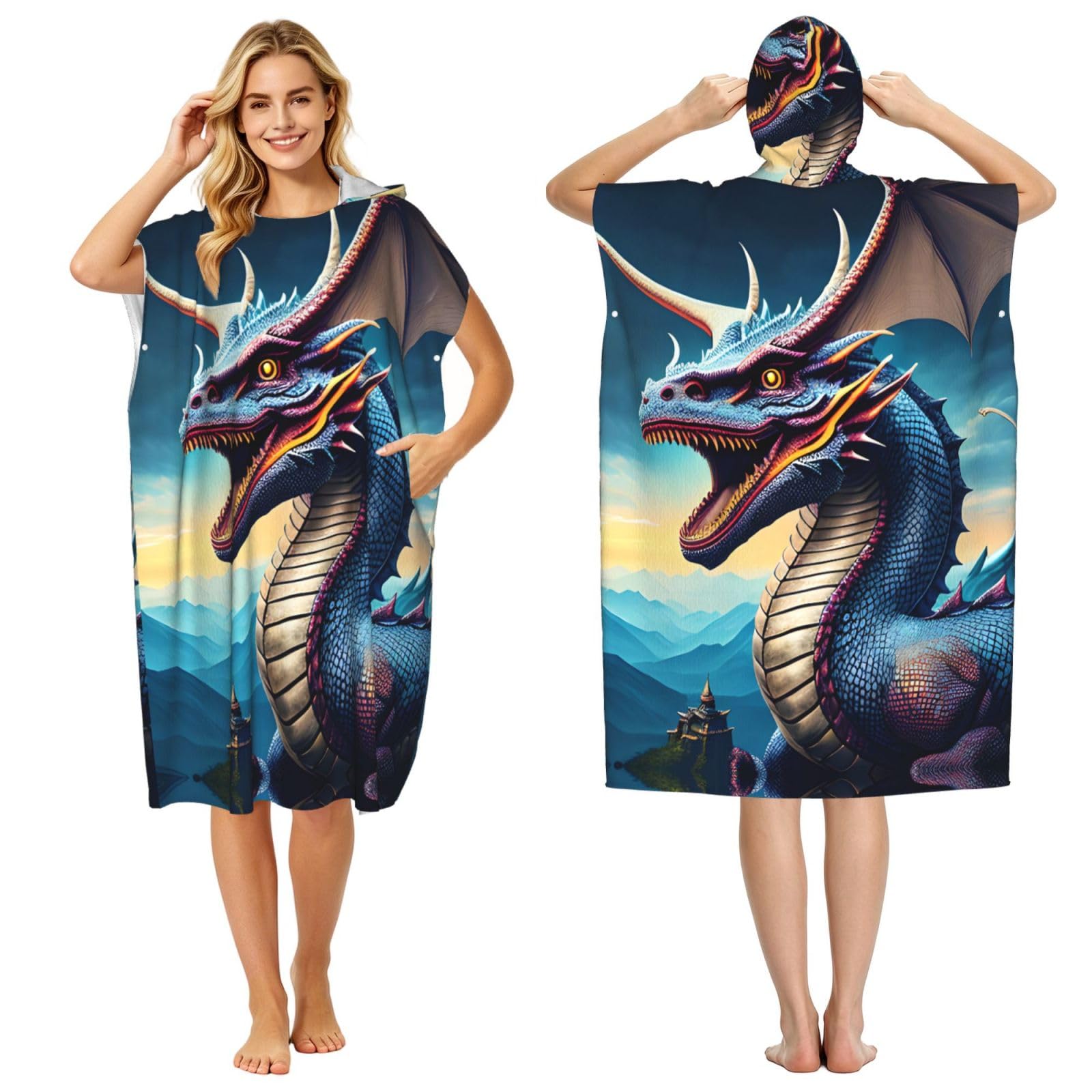 Zaixiansj 110cm Roaring Dragon Print Adult Changing Robe Hooded Towel Poncho Surf Swim Beach Cover Up with Pockets
