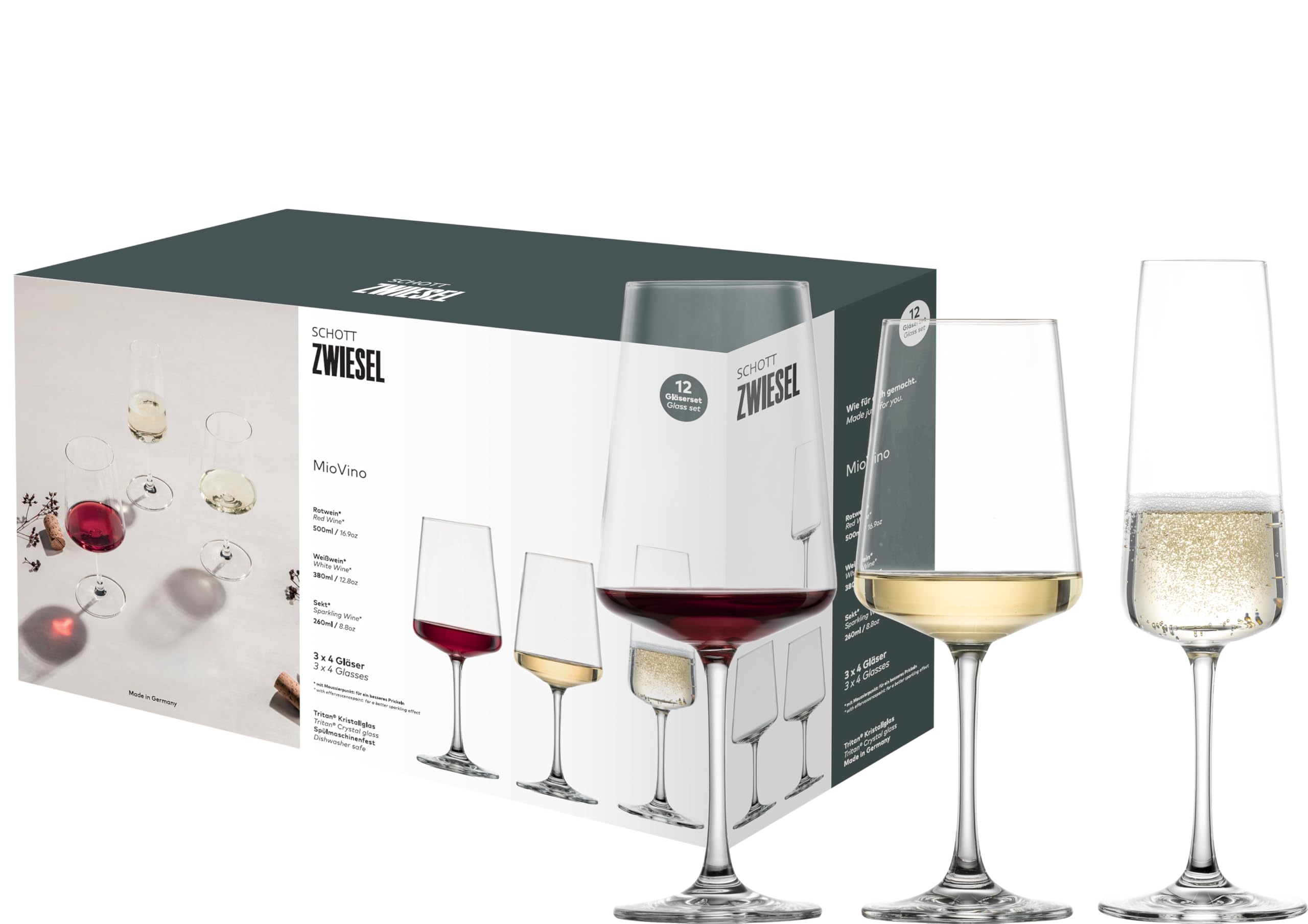 SCHOTT ZWIESEL Juego de copas MioVino (set de 12), modernas copas de vino y copas de champán en un juego, copas de cristal Tritan aptas para lavavajillas, fabricadas en Alemania (nº art. 124072)