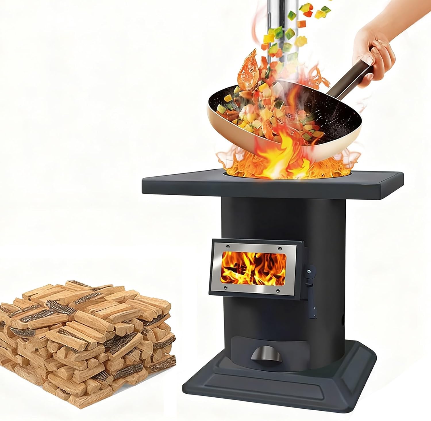 Wood Burning Stove with Chimney Camp Stove Smokeless Cooker for Indoor Outdoor Heating Cooking for Tent, Courtyards, Shelter, Multi-Fuel Compatible