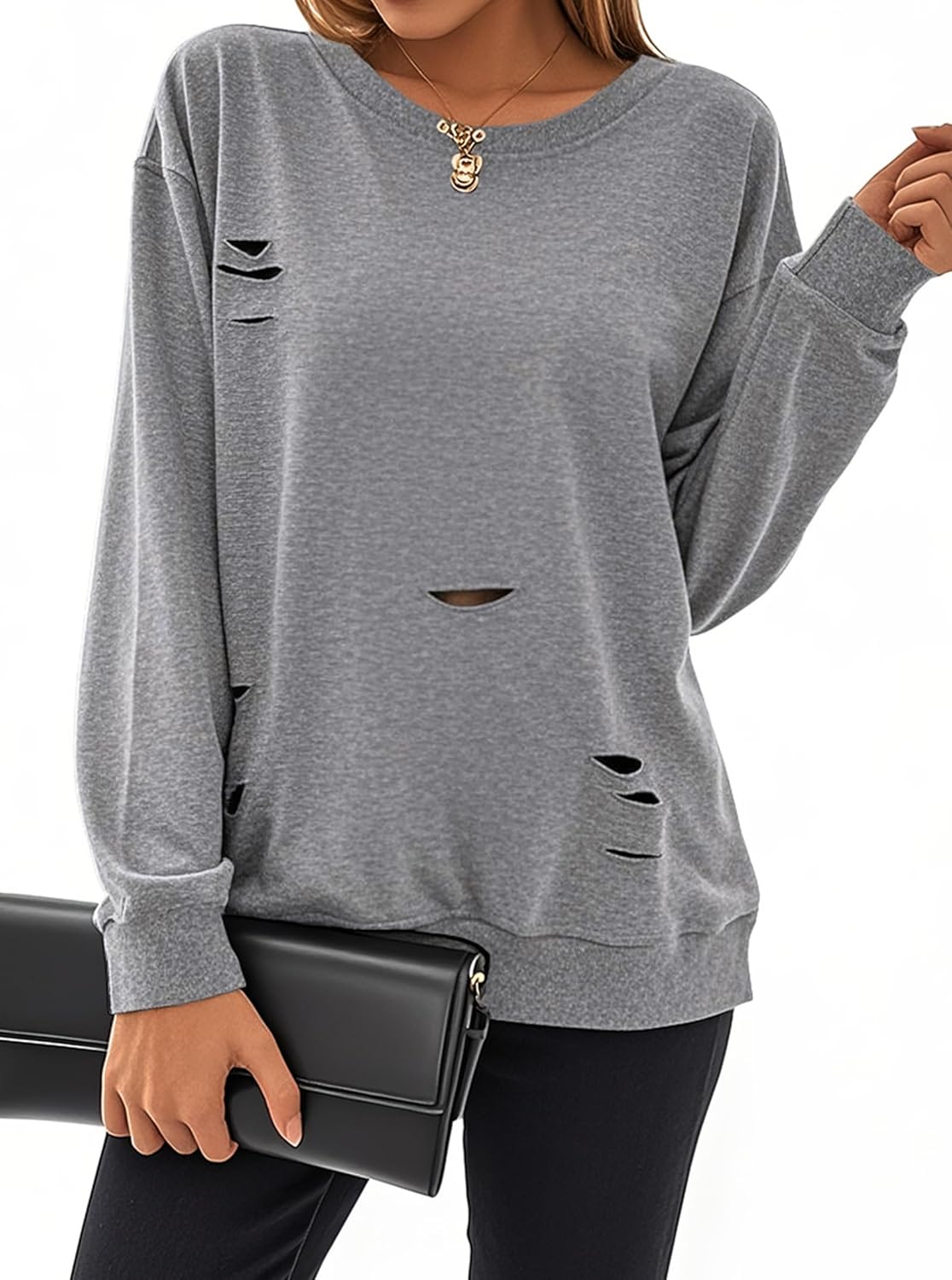 Hilinker Womens Crewneck Sweatshirt Loose Pullover Ripped Casual Long Sleeve Tops