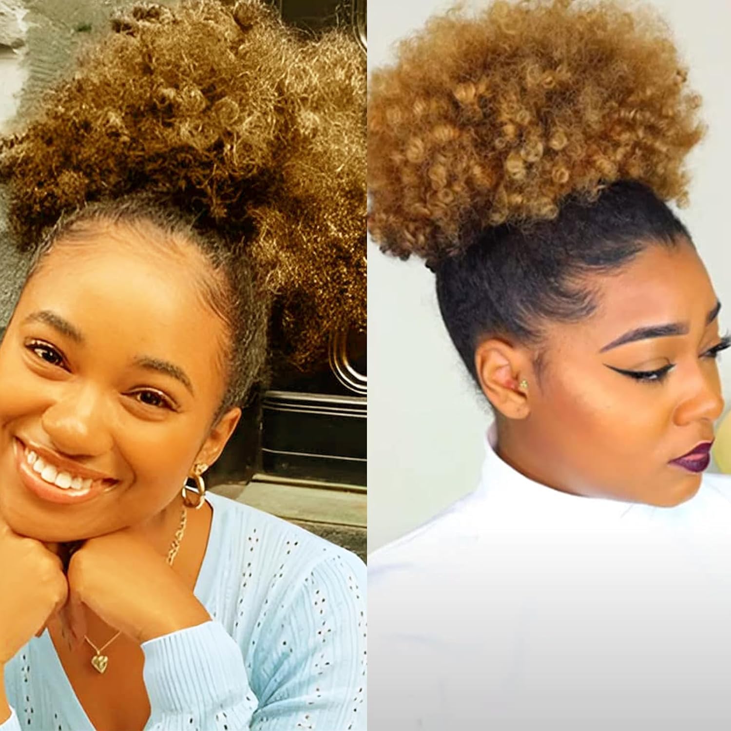 Afro Puffs Drawstring Human Hair Buns 30# Kinky Curly Drawstring Ponytail Human Hair Extension for Black Women 10% Brazilian Human Hair Dark Brown Bun