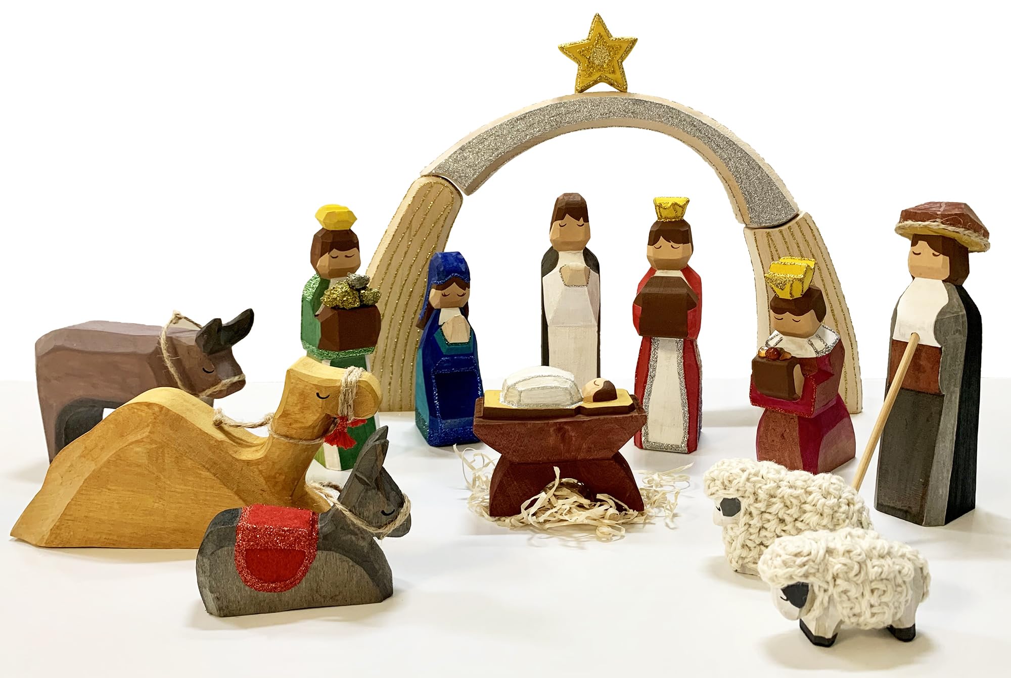Sunnysue 400-36-AMZ Grande crèche de Noël avec 16 Figurines pré-sculptées Naturel